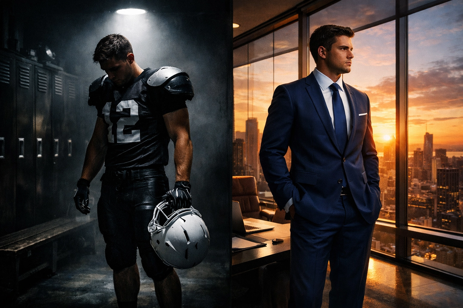 Student-athlete transitioning from football gear to a business suit to build a legacy beyond the whistle.