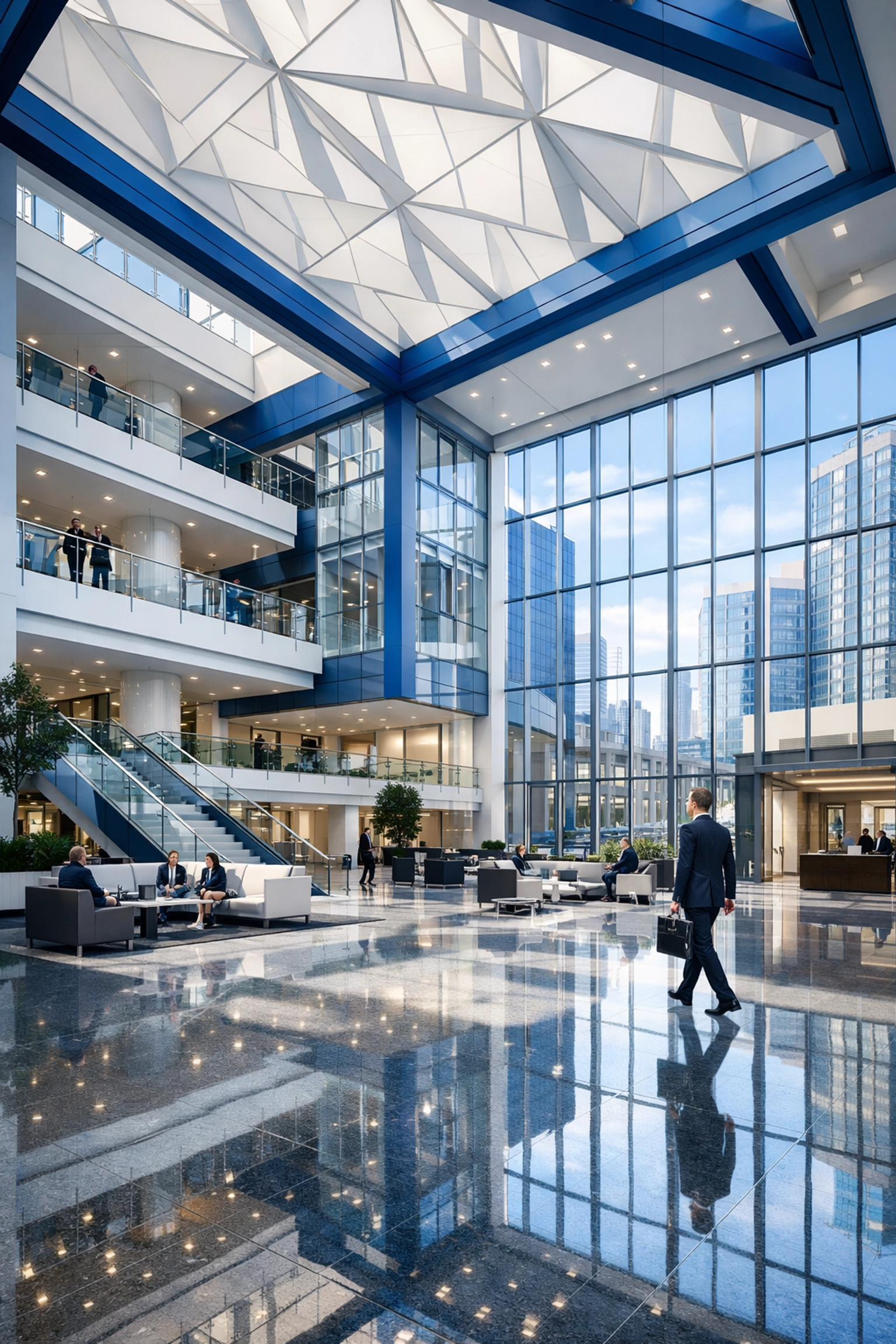 Spotless corporate atrium in Boston showing results of scheduled janitorial services Massachusetts.