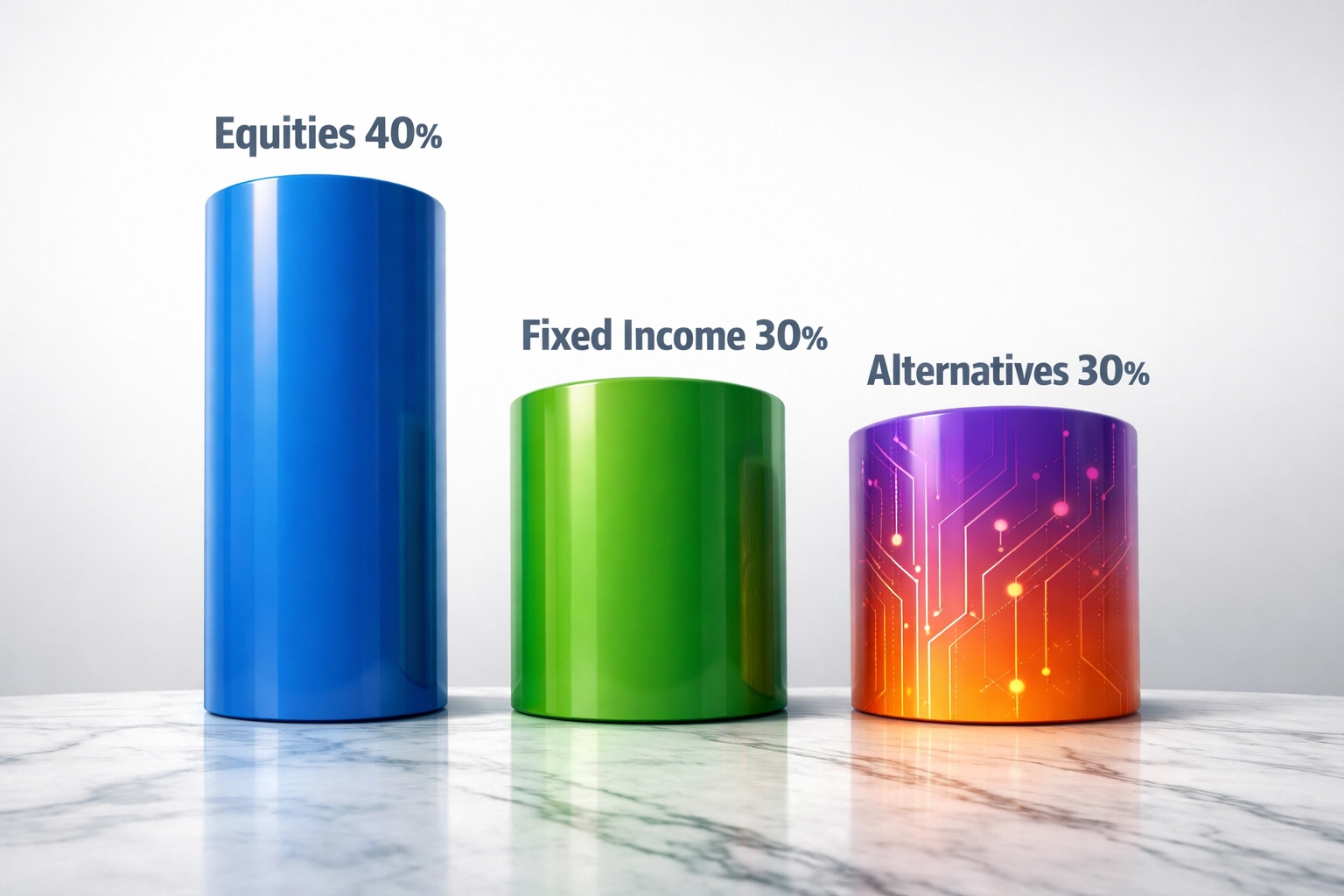Three pillars representing 40/30/30 portfolio allocation framework with alternatives