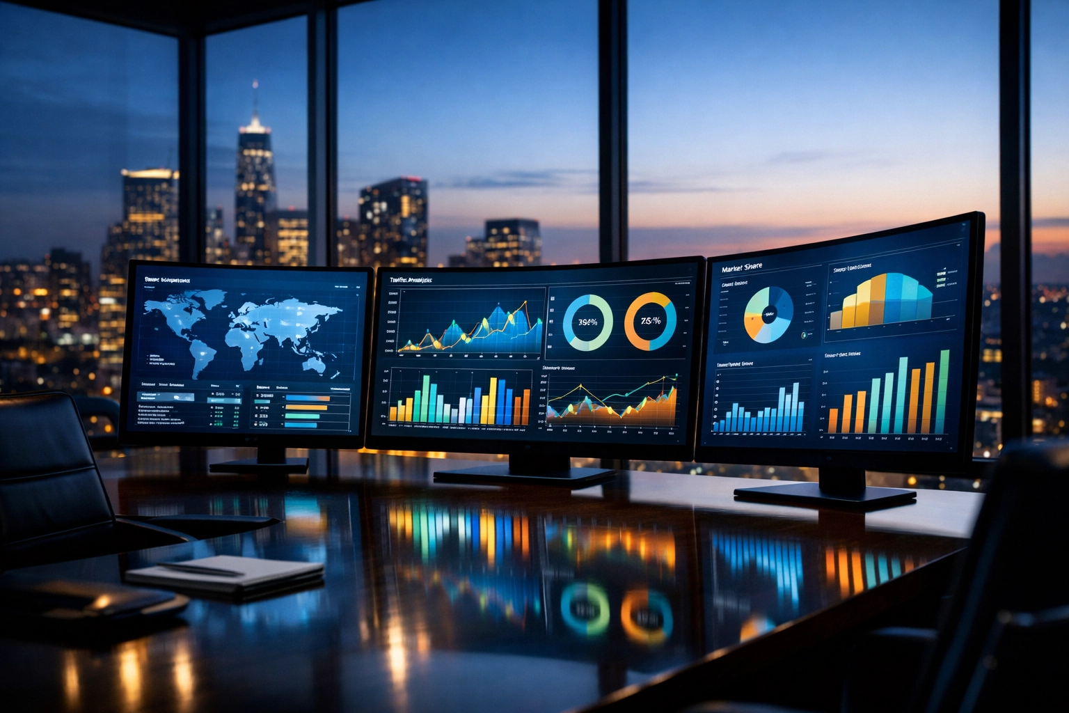 Corporate boardroom with analytics dashboards displaying talent pipeline data and metrics