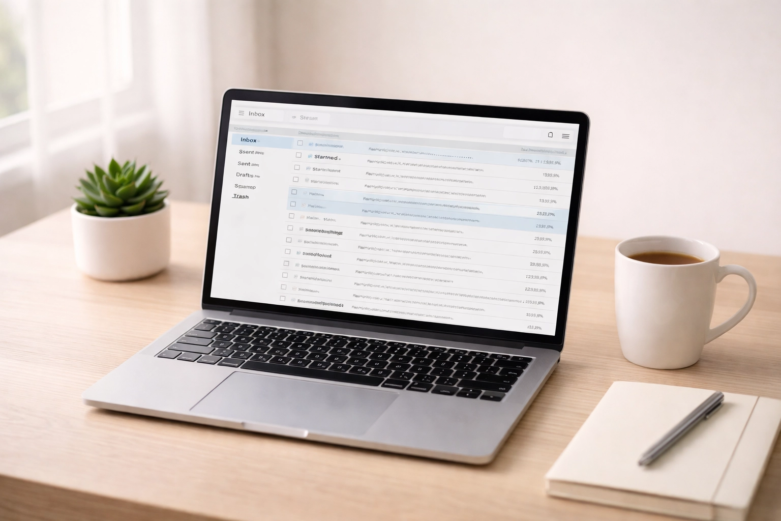 Professional desk scene with laptop and coffee cup representing post-tax season client follow-up communication