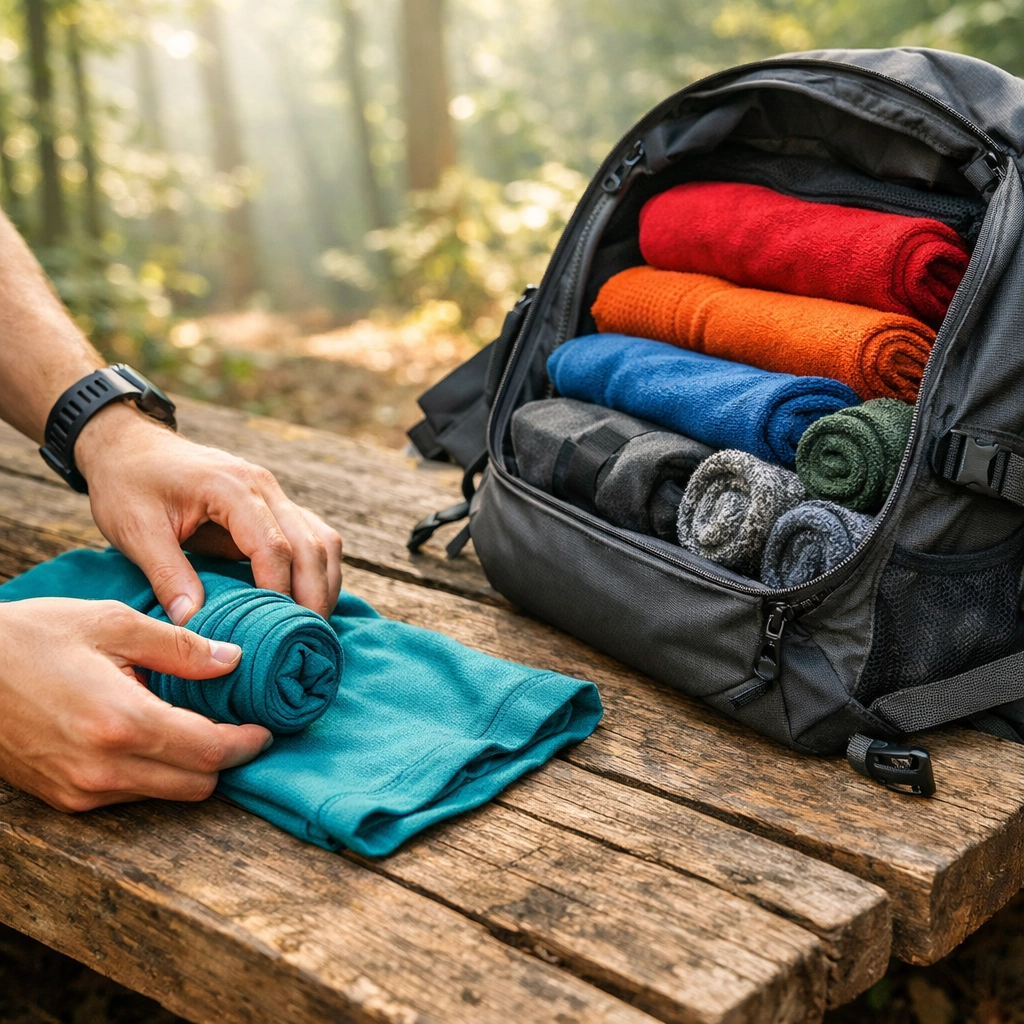 Hiker ranger rolling clothes to save space in an adventure backpack for a camping adventure in the UK.