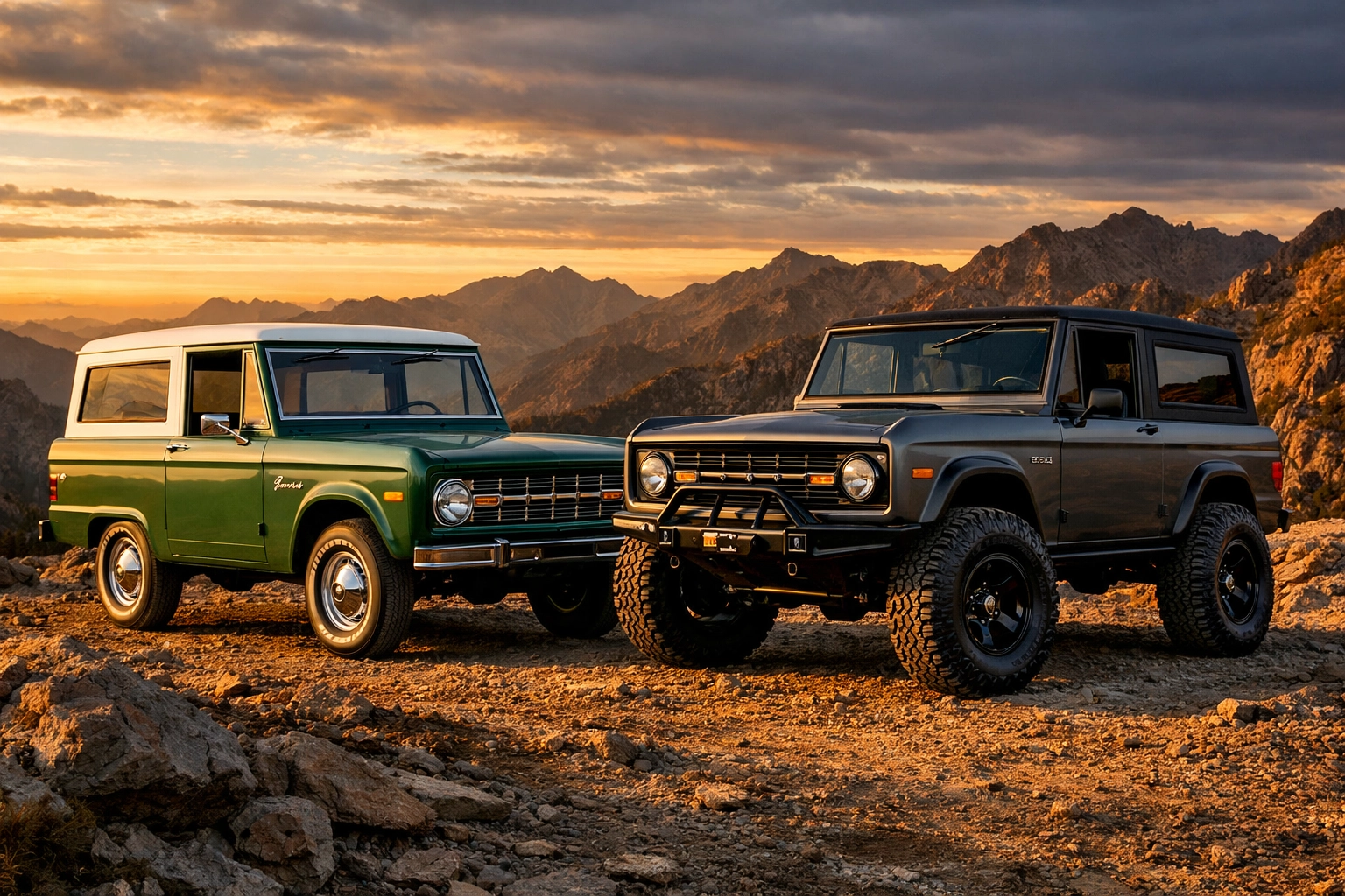 Comparison of a factory restored Early Ford Bronco and a lifted restomod Bronco on a rugged ridge.