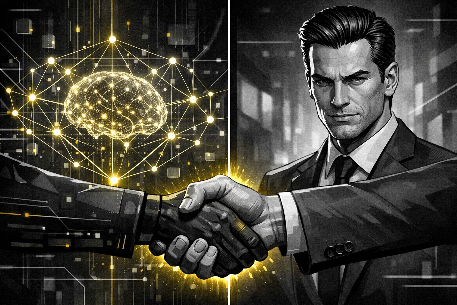 Amazon advertising specialist and AI technology shaking hands to represent expert Amazon ads management.