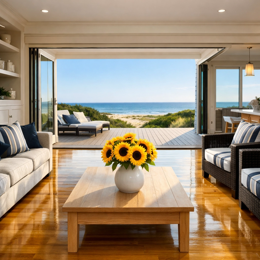 Clean and sunny living room in an Eastham home with polished floors and beautiful coastal views.