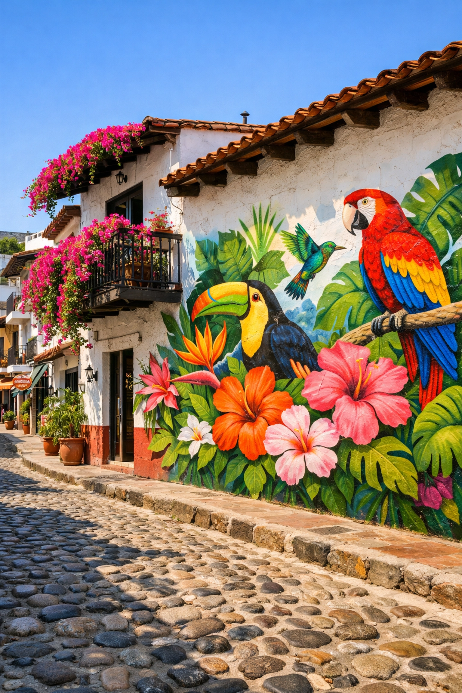 Colorful mural on a cobblestone street in Old Town Puerto Vallarta near condo rentals.