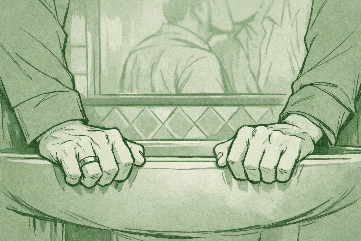 Hands gripping bathroom sink edge showing tension and forbidden desire in gay romance