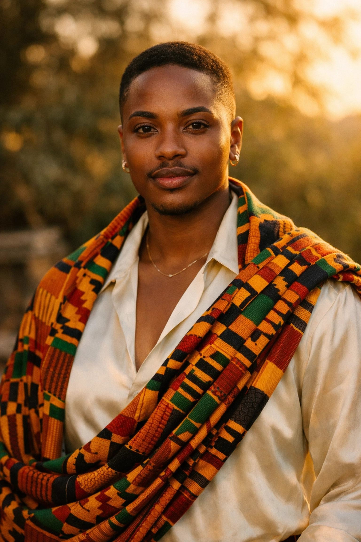 Queer person of color wearing Kente fabric symbolizing diverse cultural identities in modern LGBTQ fiction.