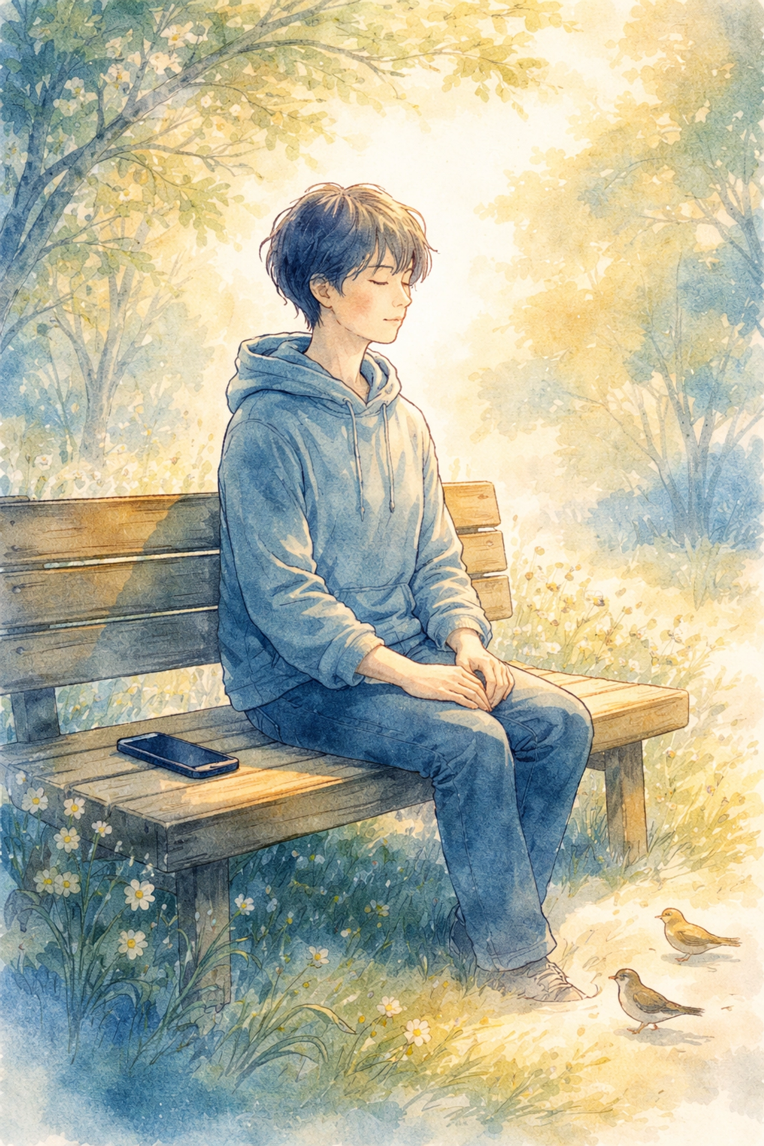 Watercolor illustration of a person finding mental rest on a garden bench with their phone set aside, promoting digital silence.