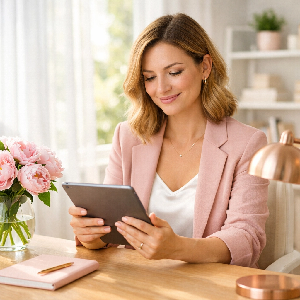 Professional woman in a bright office smiling at a tablet, representing business clarity and back office support.