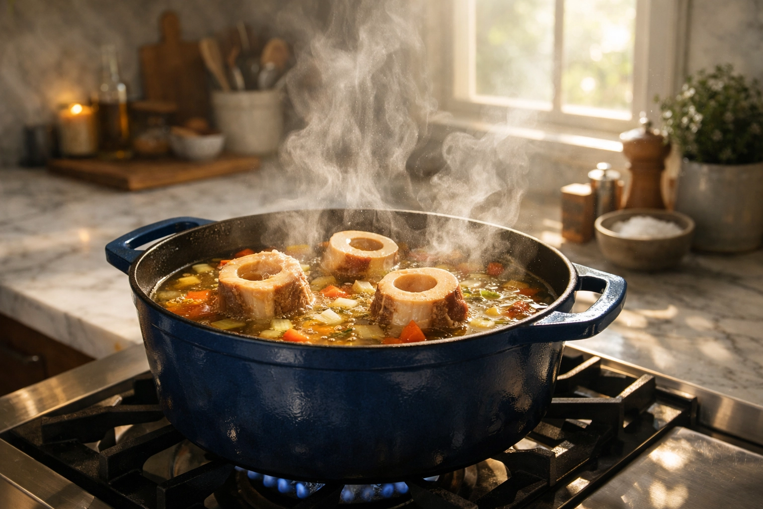 Homemade bone broth simmering with marrow bones and vegetables in a Dutch oven to extract vitamins and minerals.
