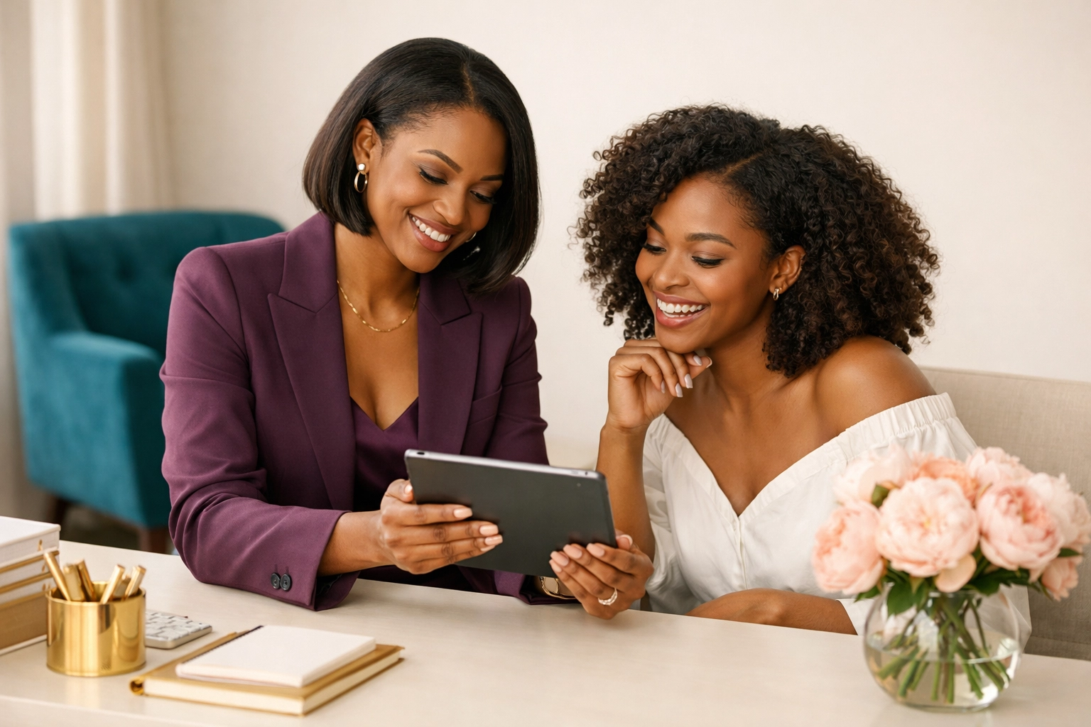 African American entrepreneur reviewing a digital brand audit checklist with a client in a modern studio.