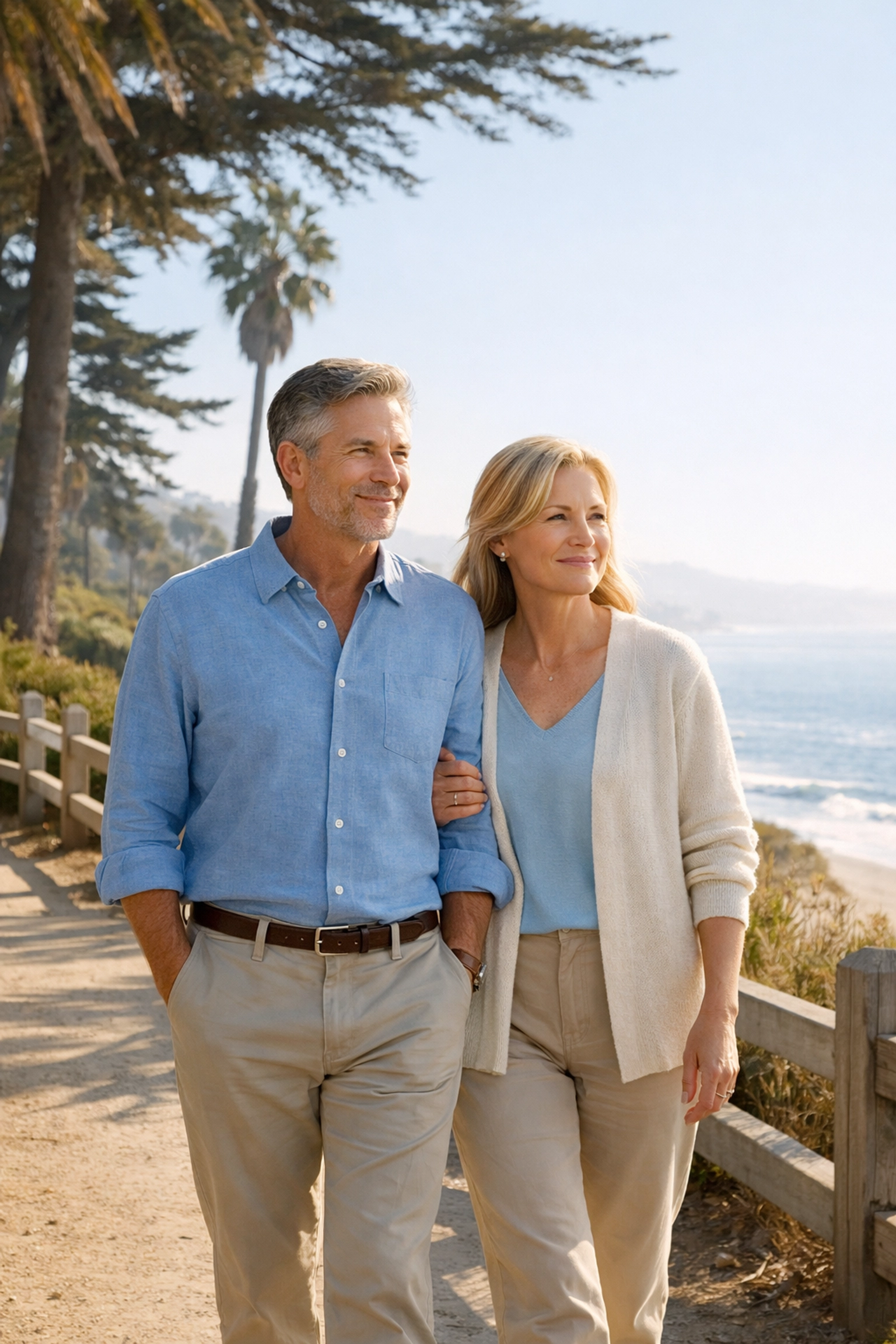 A mature couple walking peacefully, representing the lifelong security of whole life and IUL plans.