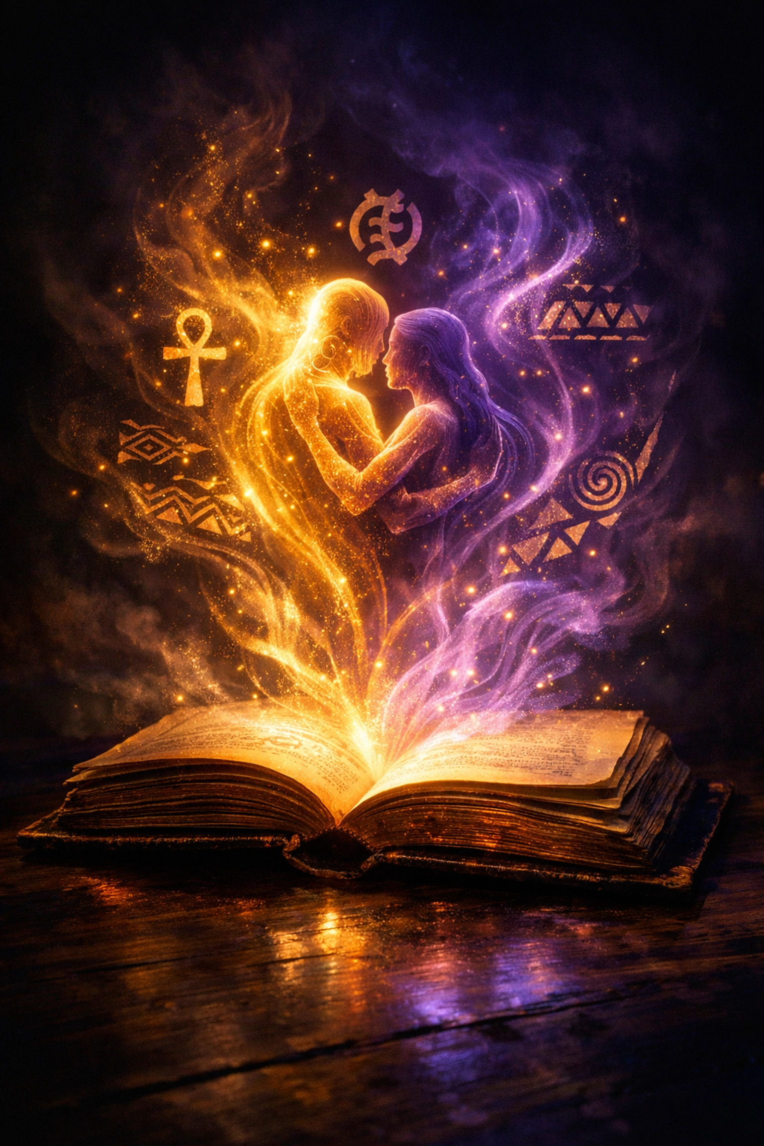 Antique book glowing with African spiritual symbols representing queer Black history and ancestral traditions