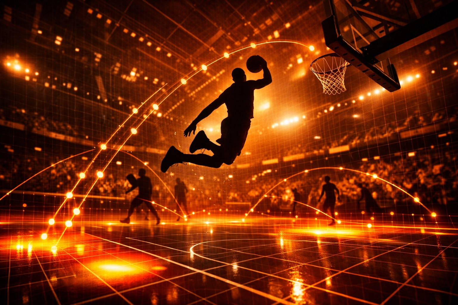 NBA betting analytics overlay on a basketball court illustrating game situational trends.