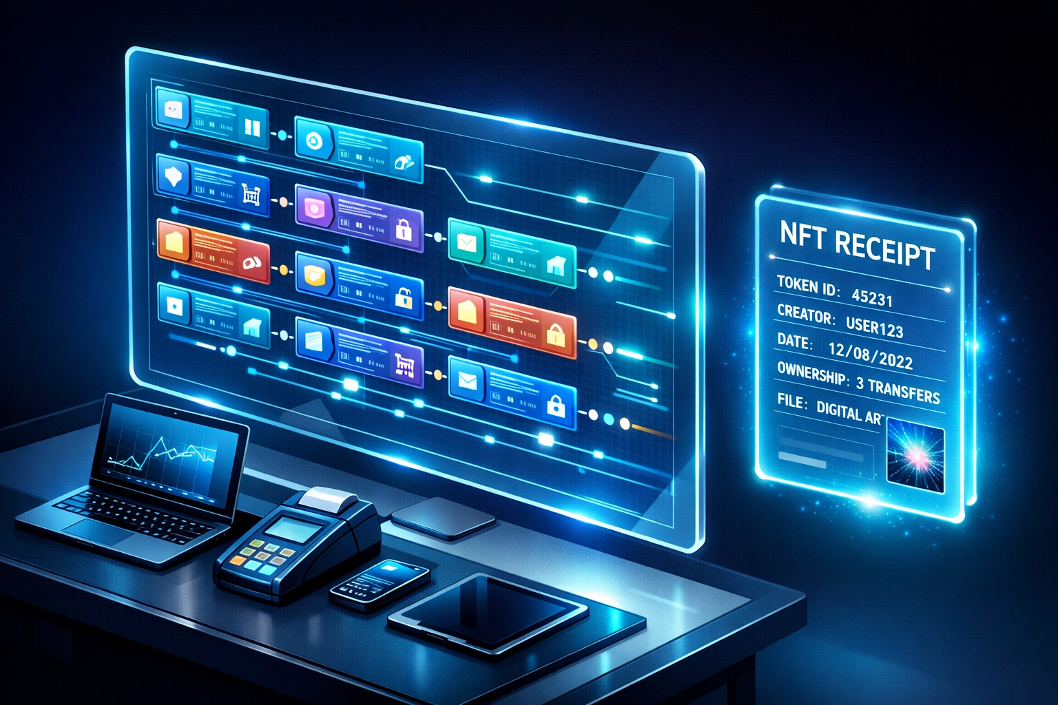 Blockchain transaction records and NFT receipts displayed on merchant accounting dashboard