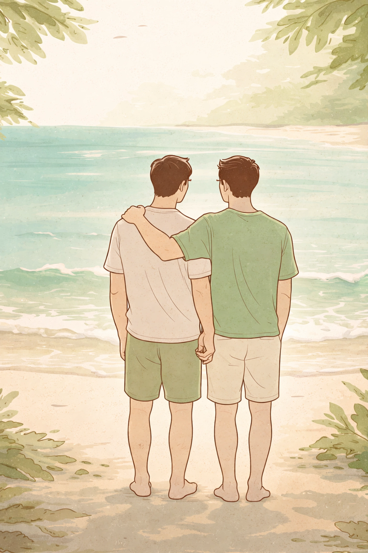 Two men holding hands at a secluded beach, illustrating a beginner’s first step into social nudism and body positivity.