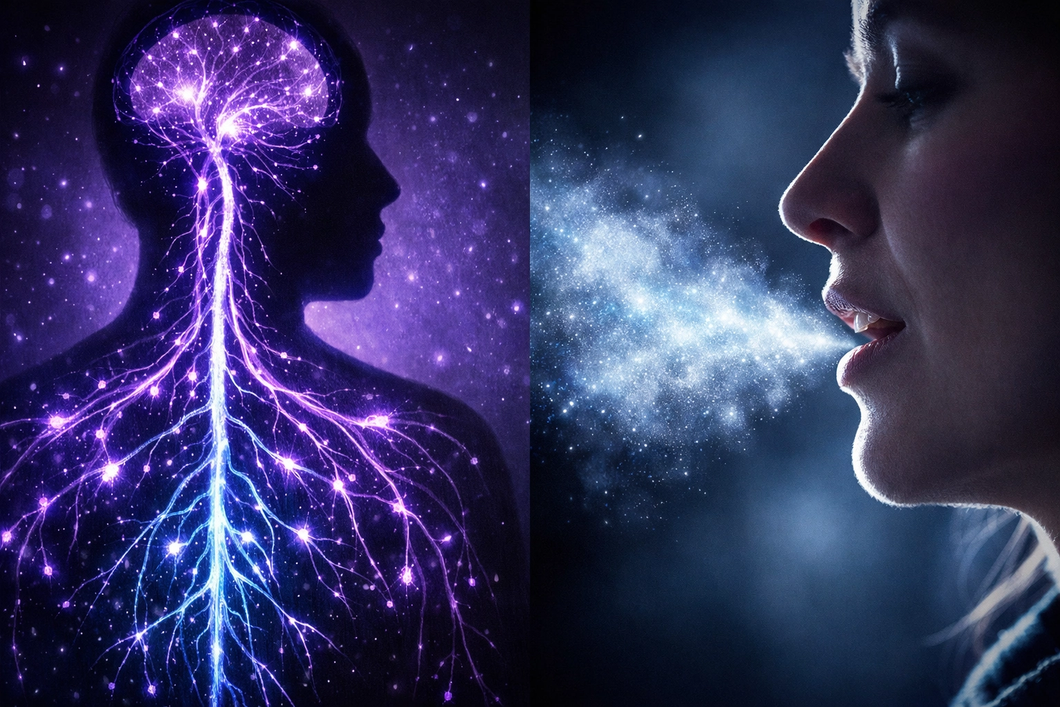 Nervous system pathways and person speaking showing disconnect in trauma processing