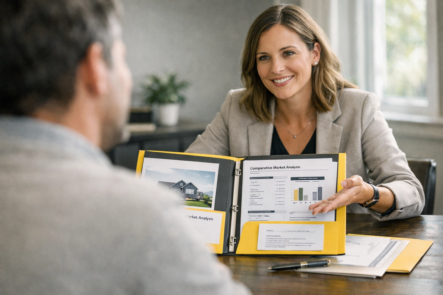 Real estate agent presenting listing proposal to seller with professional presentation folder