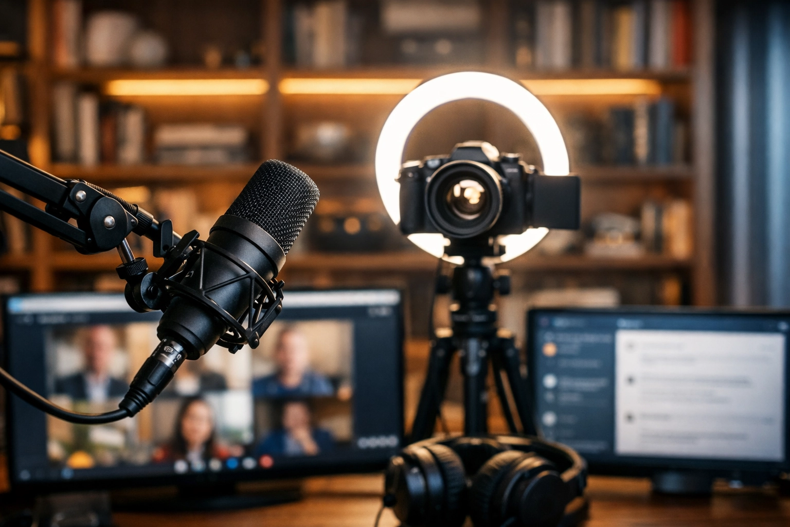 Professional home office setup with high-end microphone and lighting for remote salary negotiations.