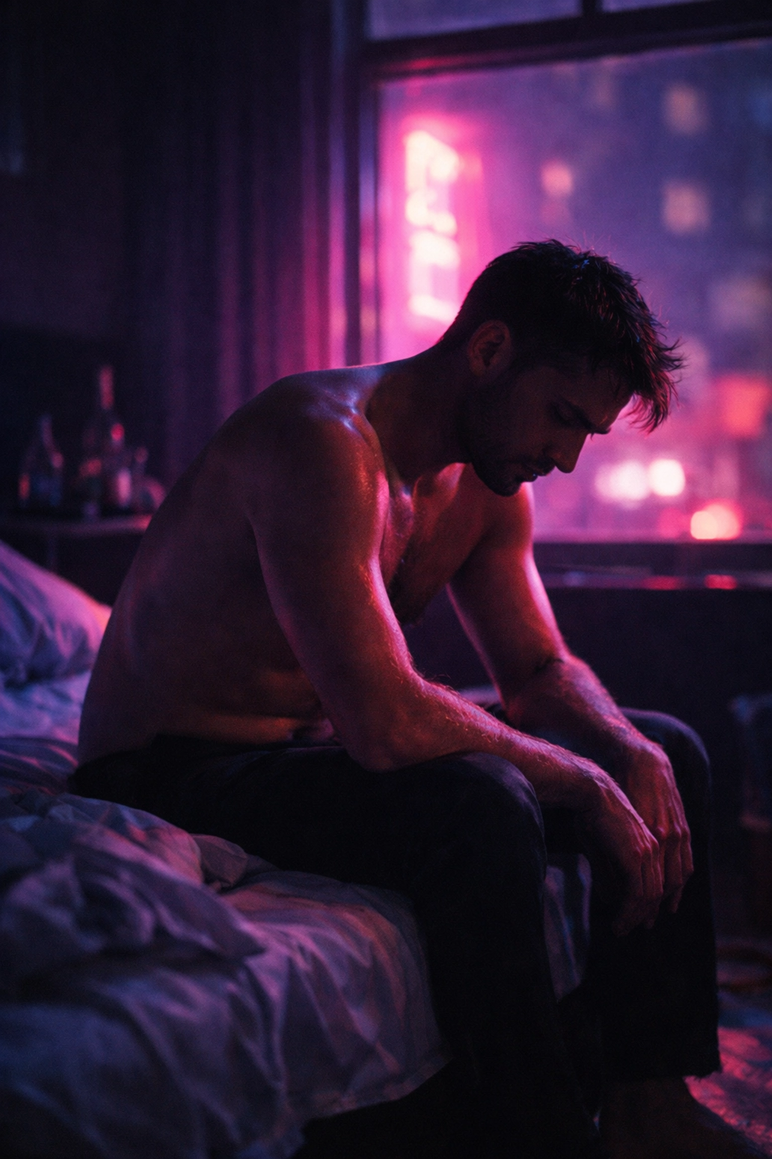 A man sitting alone on a bed under neon light, depicting the emotional exhaustion of the gay chem-sex scene.