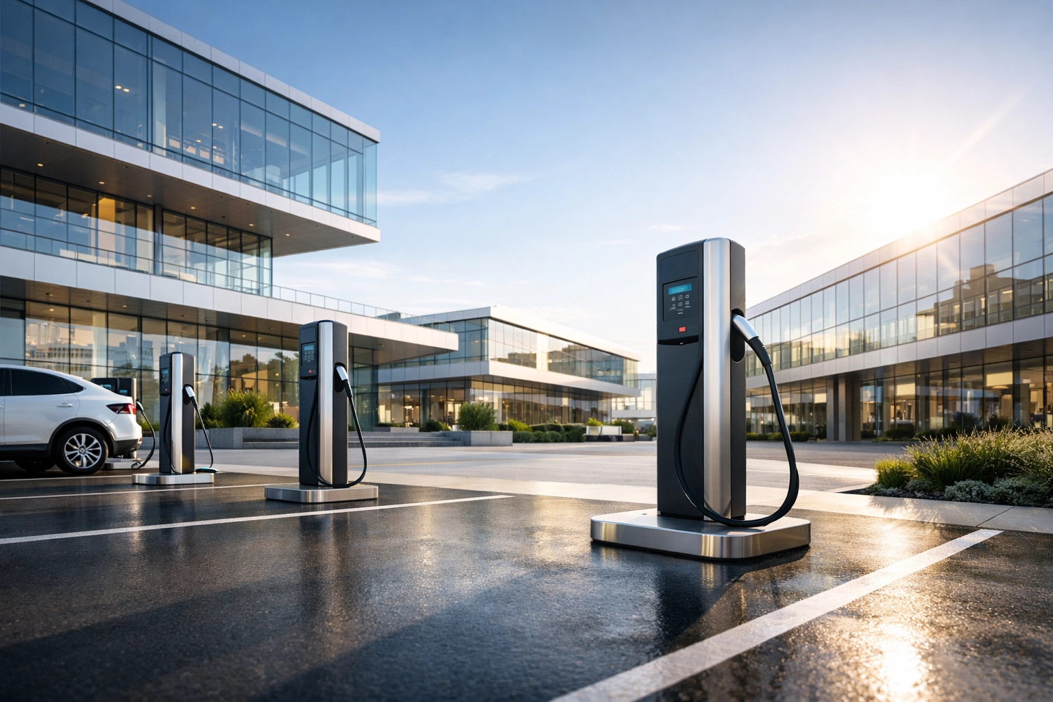 Modern commercial property with EV charging stations representing scalable electrical system design.