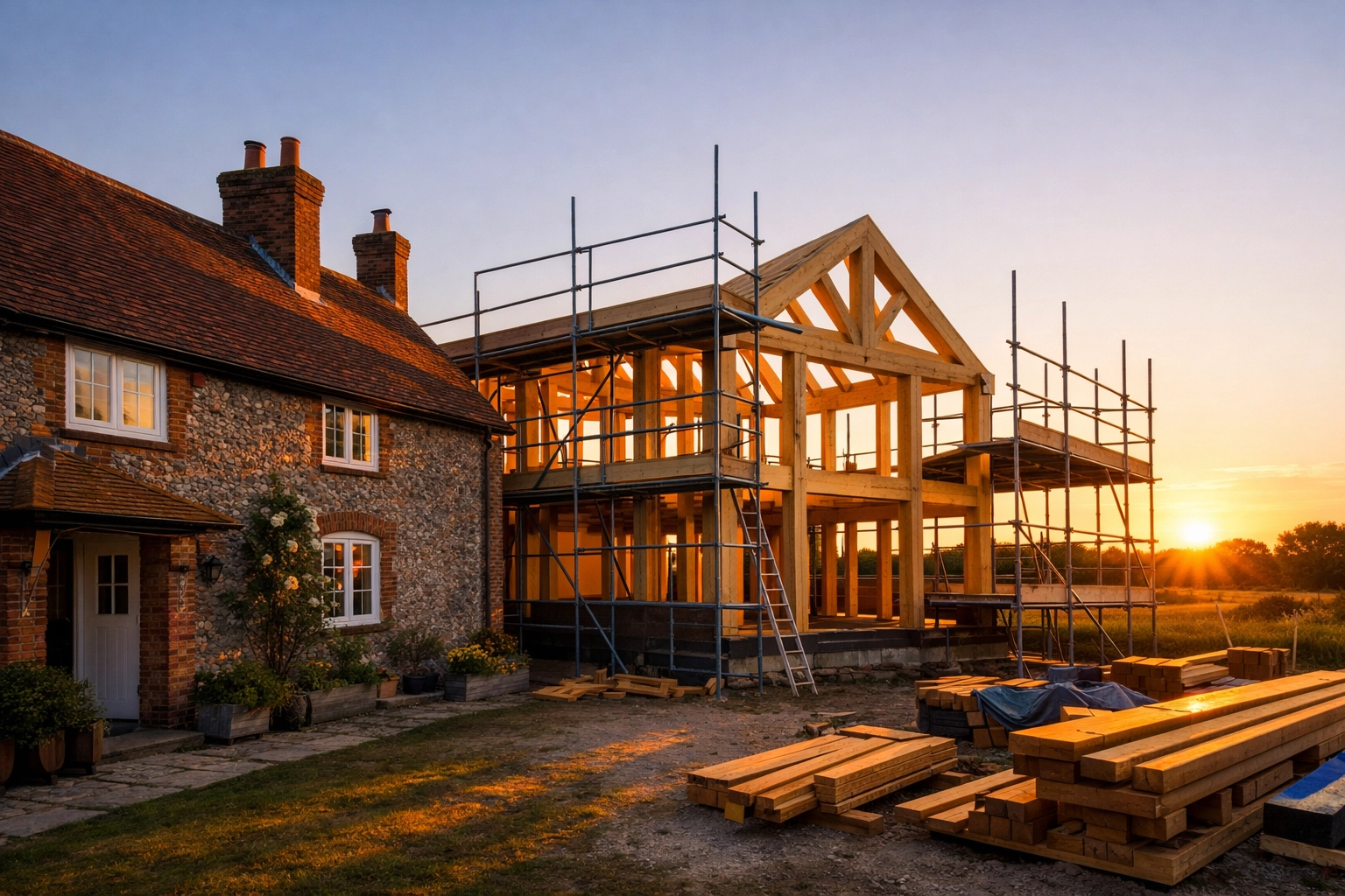 West Sussex house renovation featuring a timber-frame extension and professional scaffolding during construction.