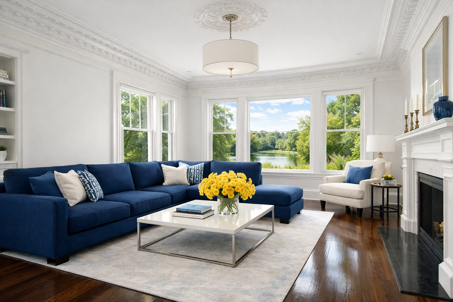 Immaculate living room in a historic West Cambridge home after a professional house cleaning service.