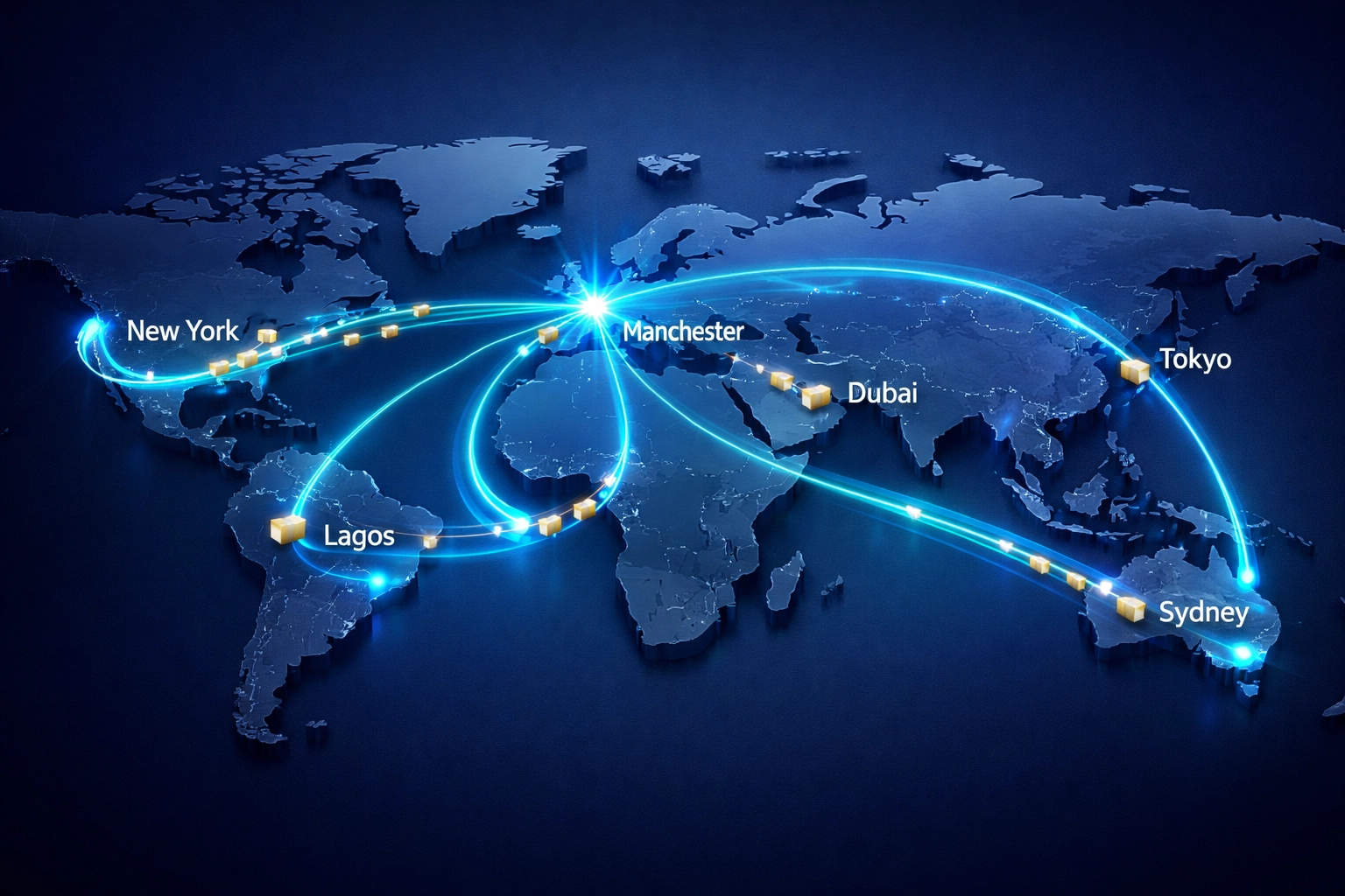 Global shipping routes connecting Manchester UK to international destinations worldwide