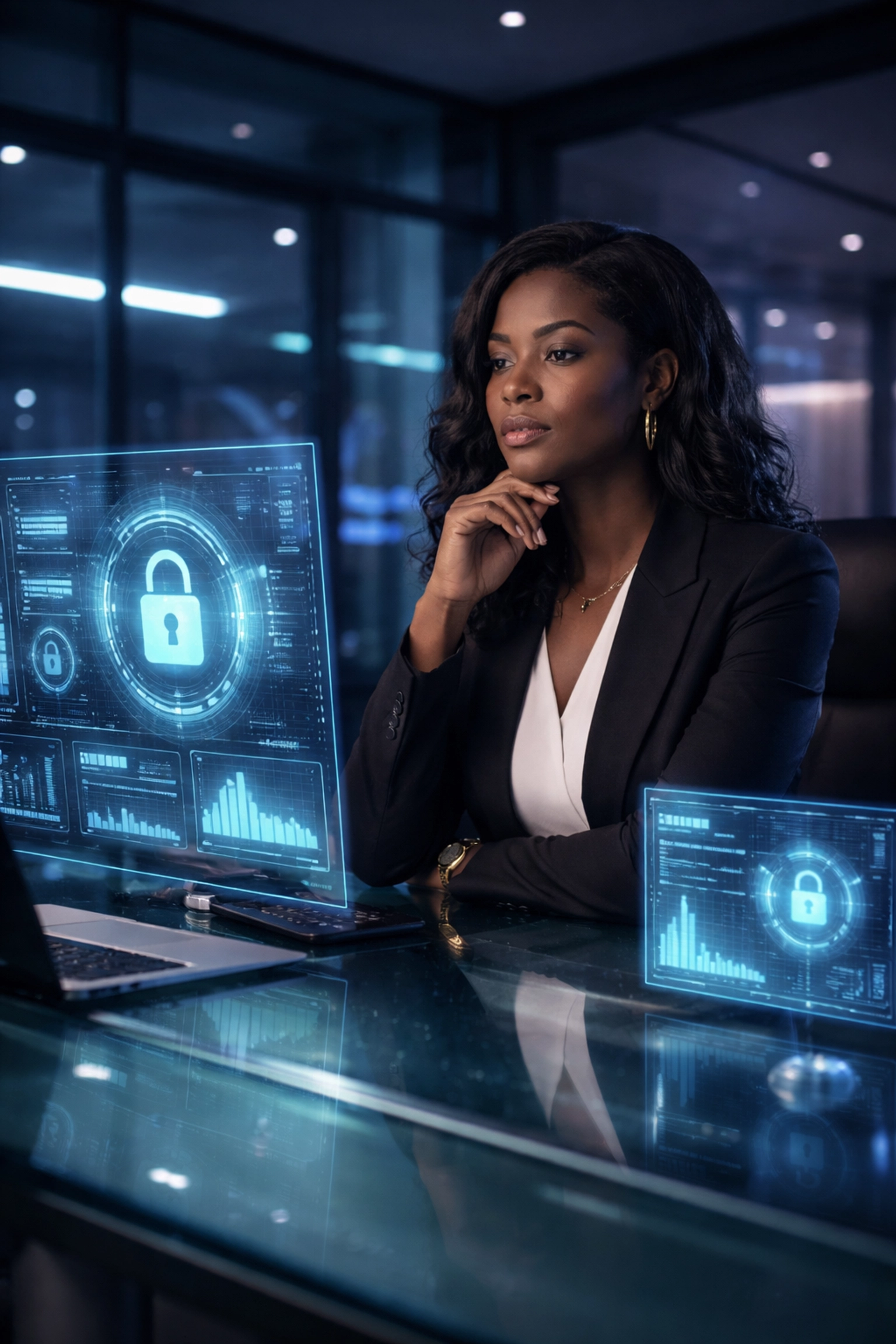 Black female CEO reviews security dashboards in modern office, illustrating automation security and compliance.