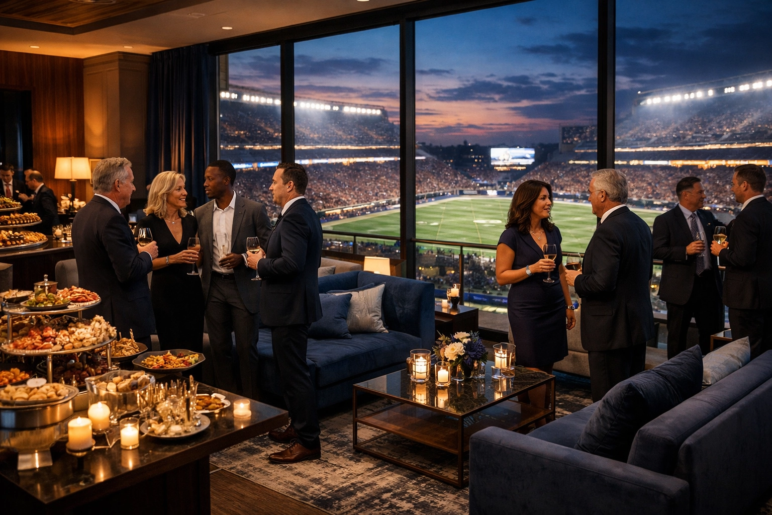 Corporate executives networking at exclusive Super Bowl pre-game VIP hospitality reception venue
