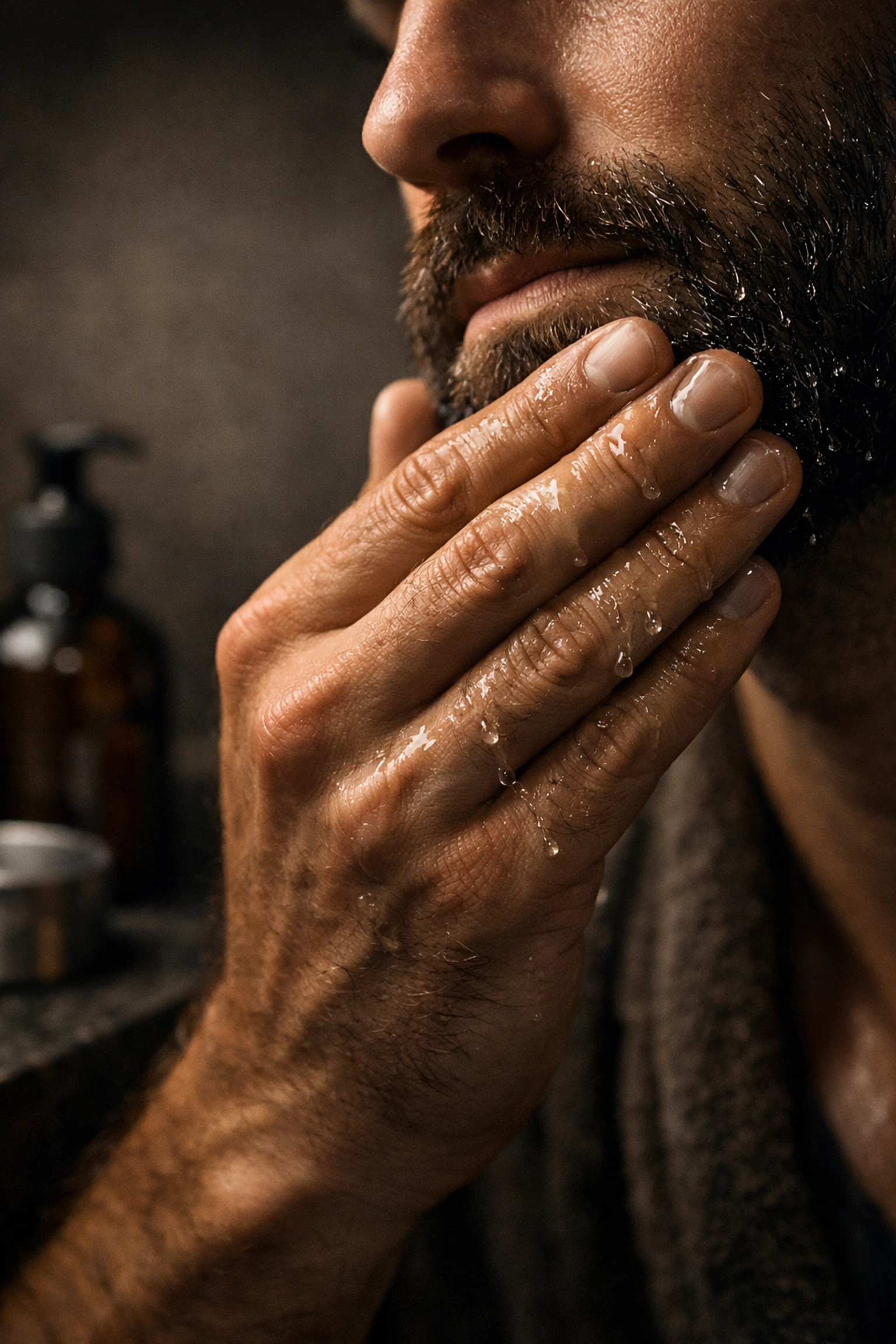 Close-up of hands applying beard oil to a damp beard for maximum skin hydration.