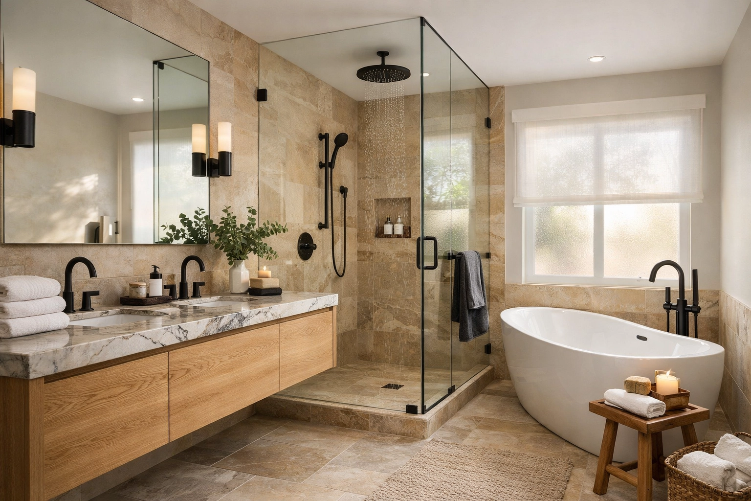 Luxury bathroom renovation Orlando featuring natural stone, oak vanity, and spa-like design
