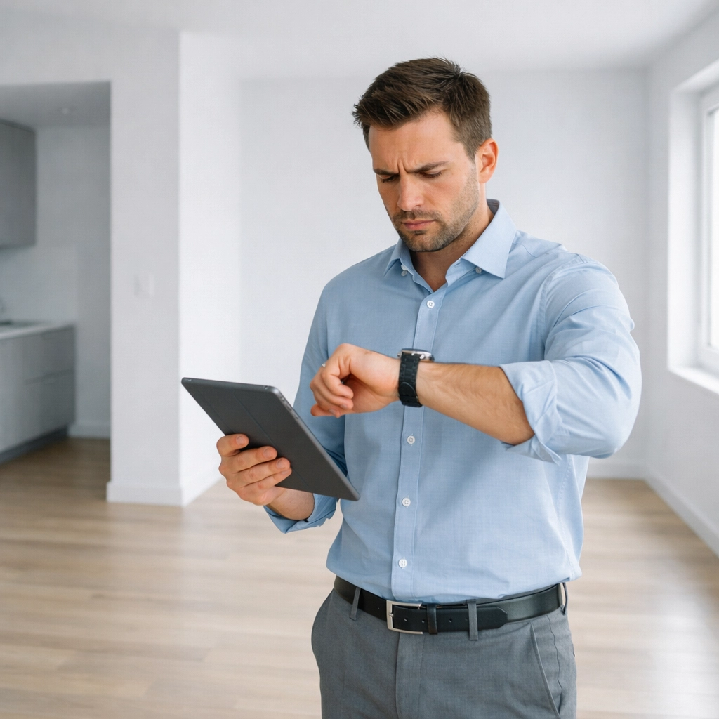 Property manager checking time in vacant apartment unit during turnover process