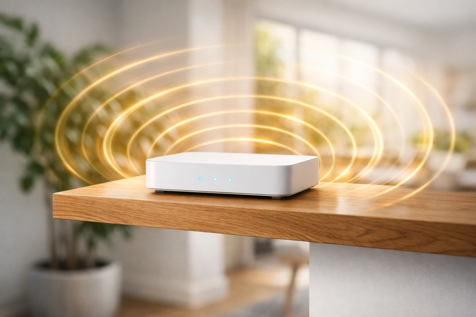 Modern Wi-Fi router on a high shelf radiating signal waves throughout a living room.