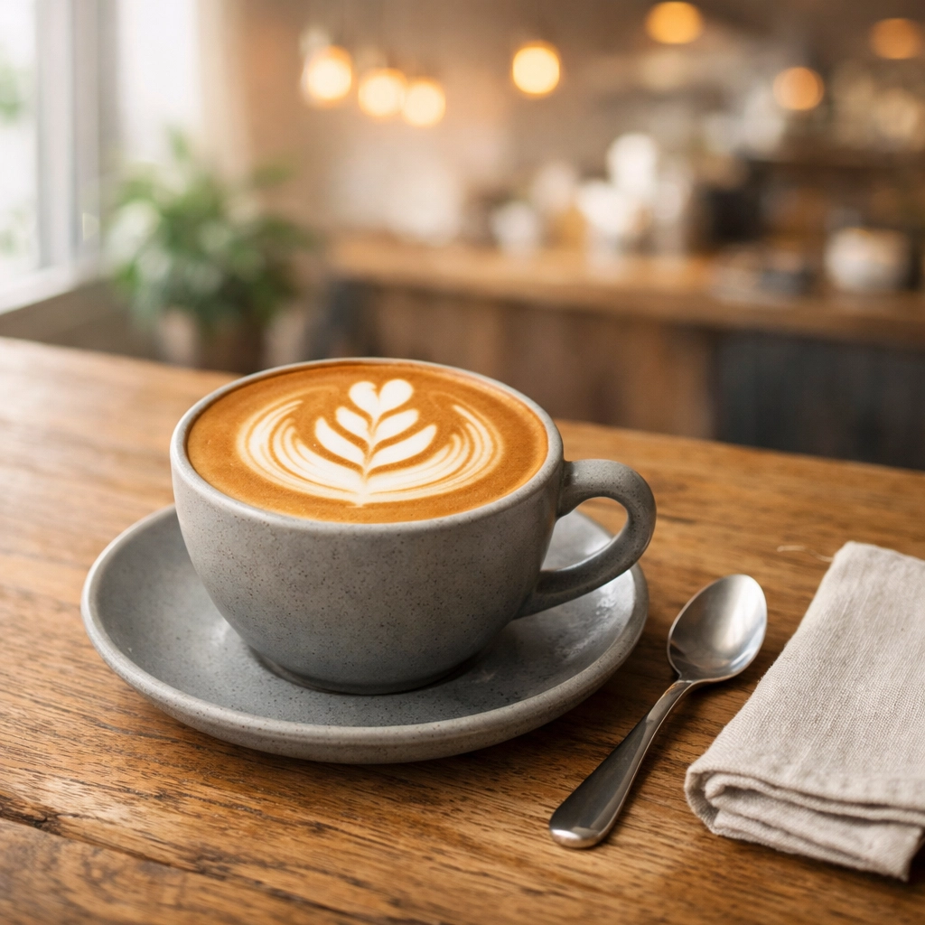A specialty flat white with tulip latte art served in a grey cup at an inviting independent coffee shop.