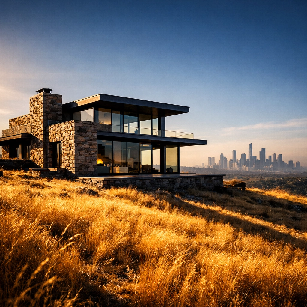 A secure modern stone home on a plateau representing independent personal life insurance coverage.