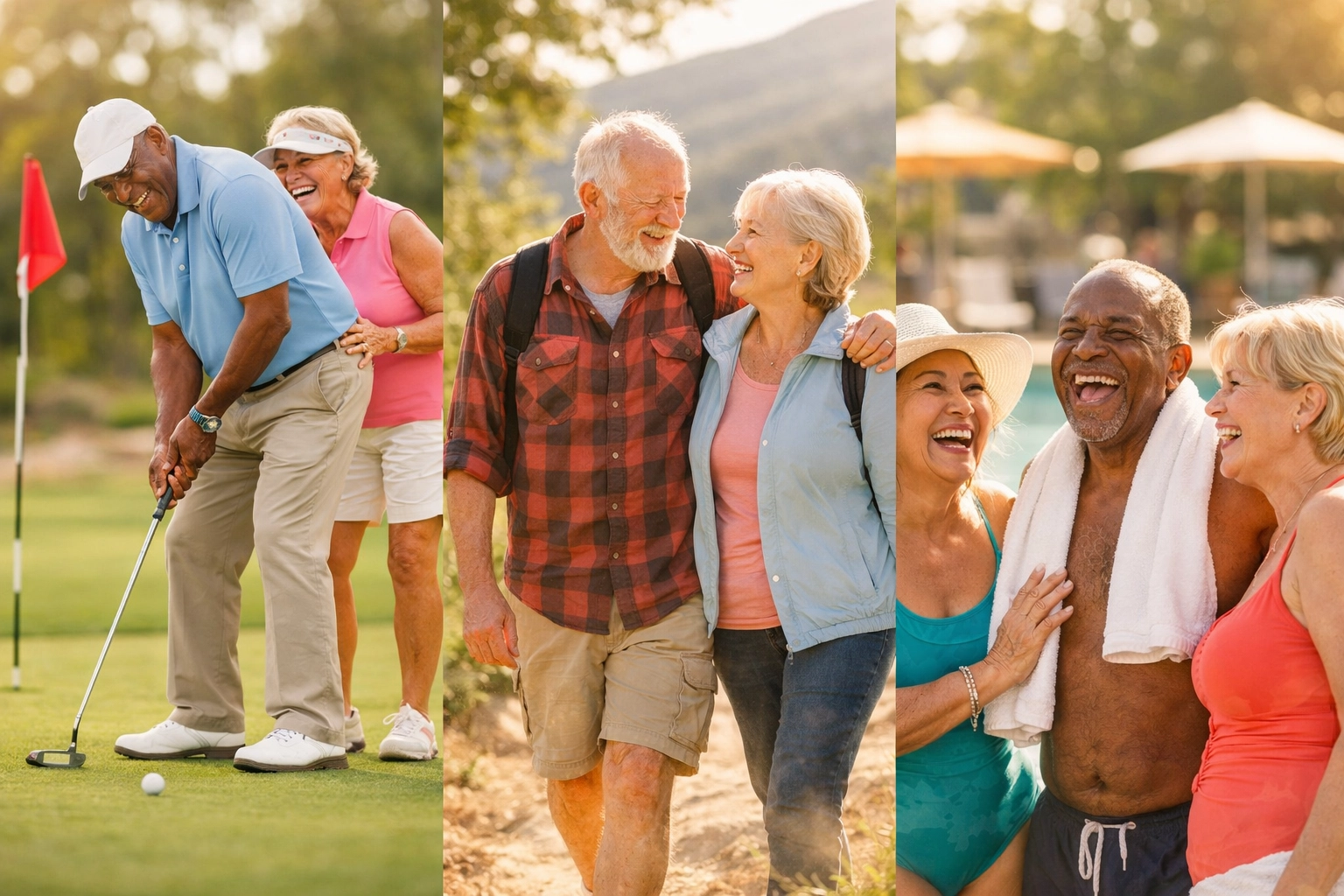 Seniors enjoying golf, walking trails, and pool at Bucks County 55+ community