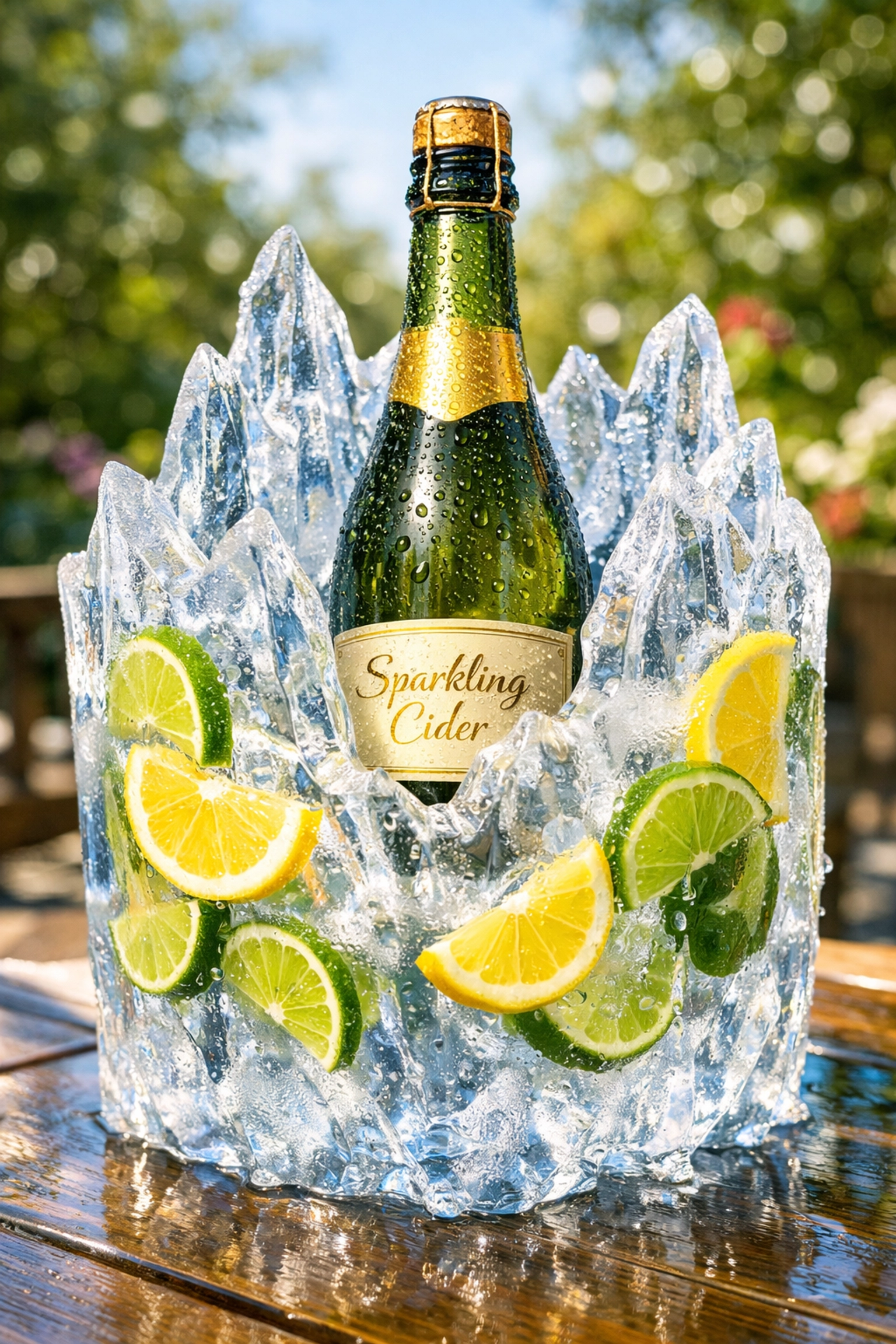 A custom ice sculpture Grand Rapids bottle chiller with citrus slices keeping beverages cold on a summer patio.