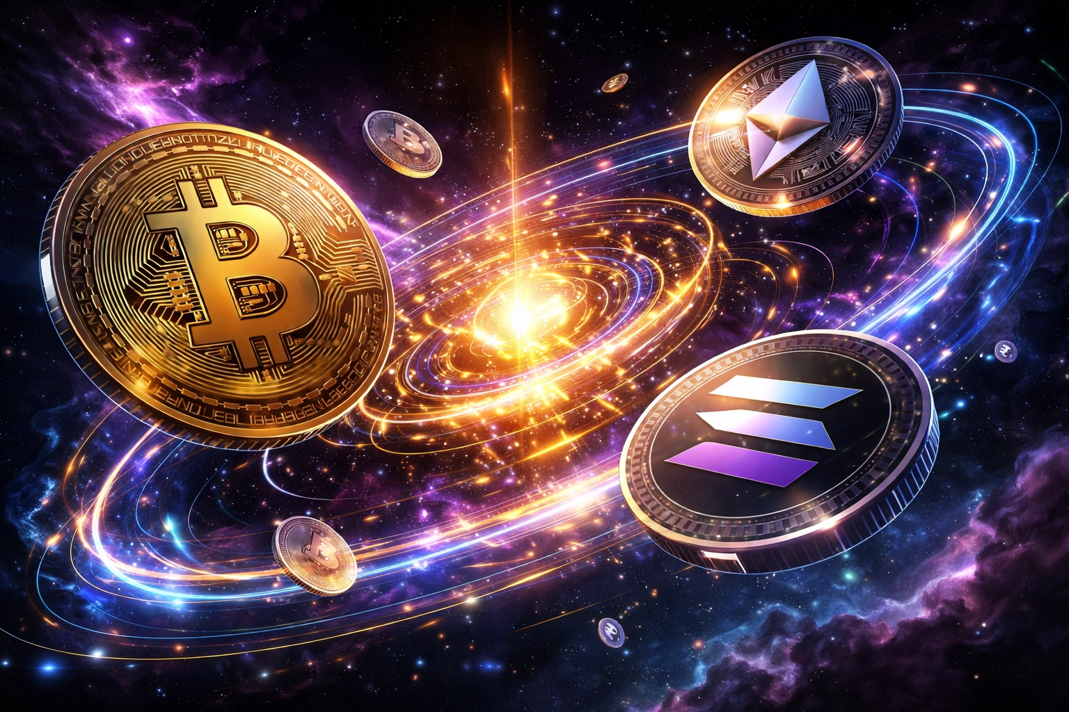 Multiple cryptocurrency coins including Bitcoin, Ethereum, and Solana connected on a hub, illustrating Larecoin’s multi-chain support for seamless crypto payments.