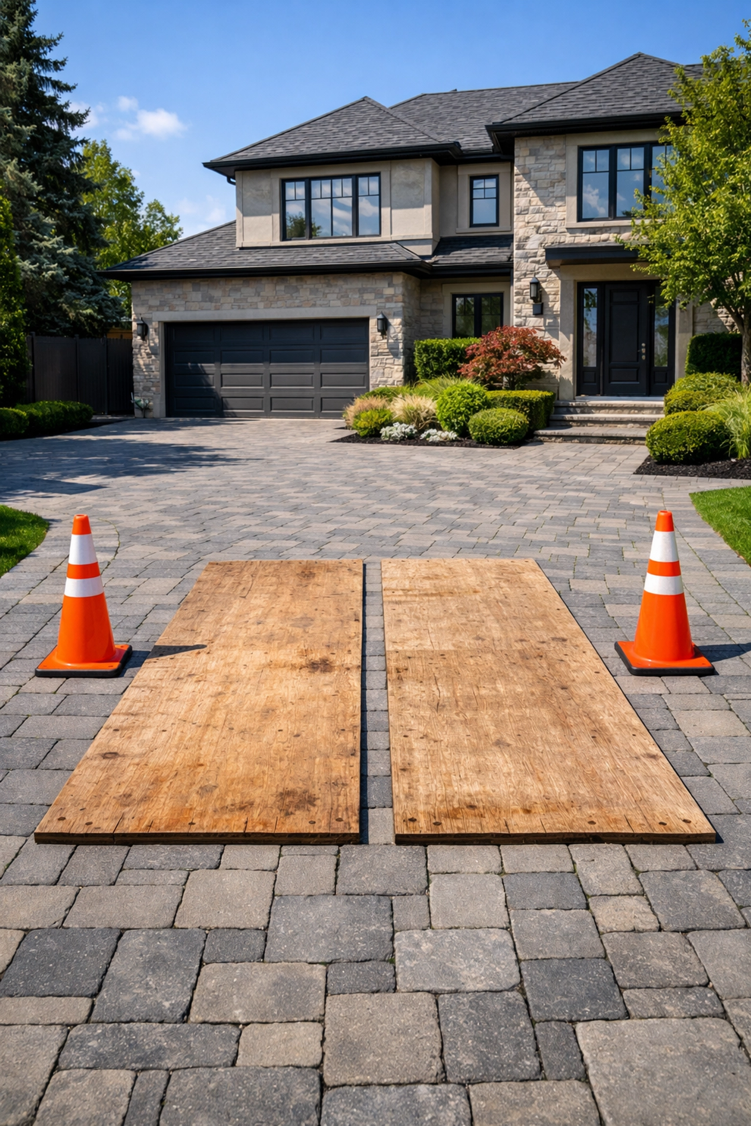 Driveway Safe Dumpsters: Protecting Your Property Driveway safe dumpster delivery prep with wooden protection planks and safety cones on interlocking stone.