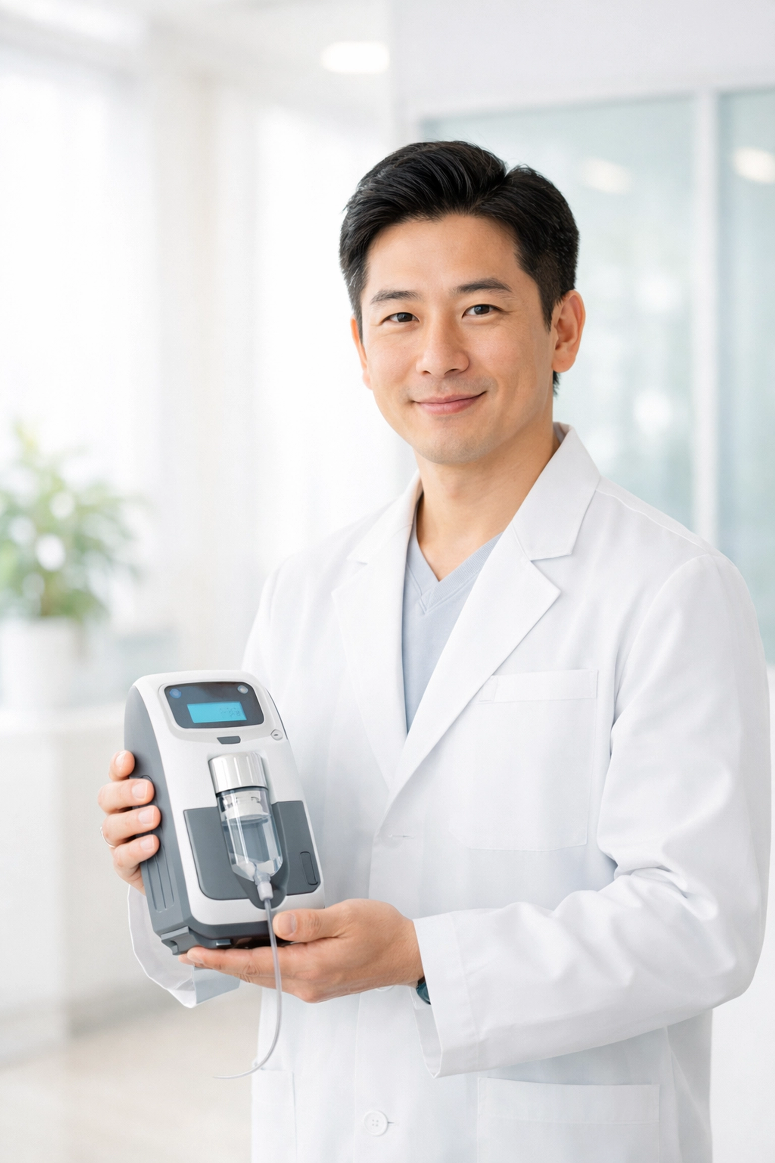 Healthcare professional in a white coat holding a medical weight loss injection pen in a bright office.