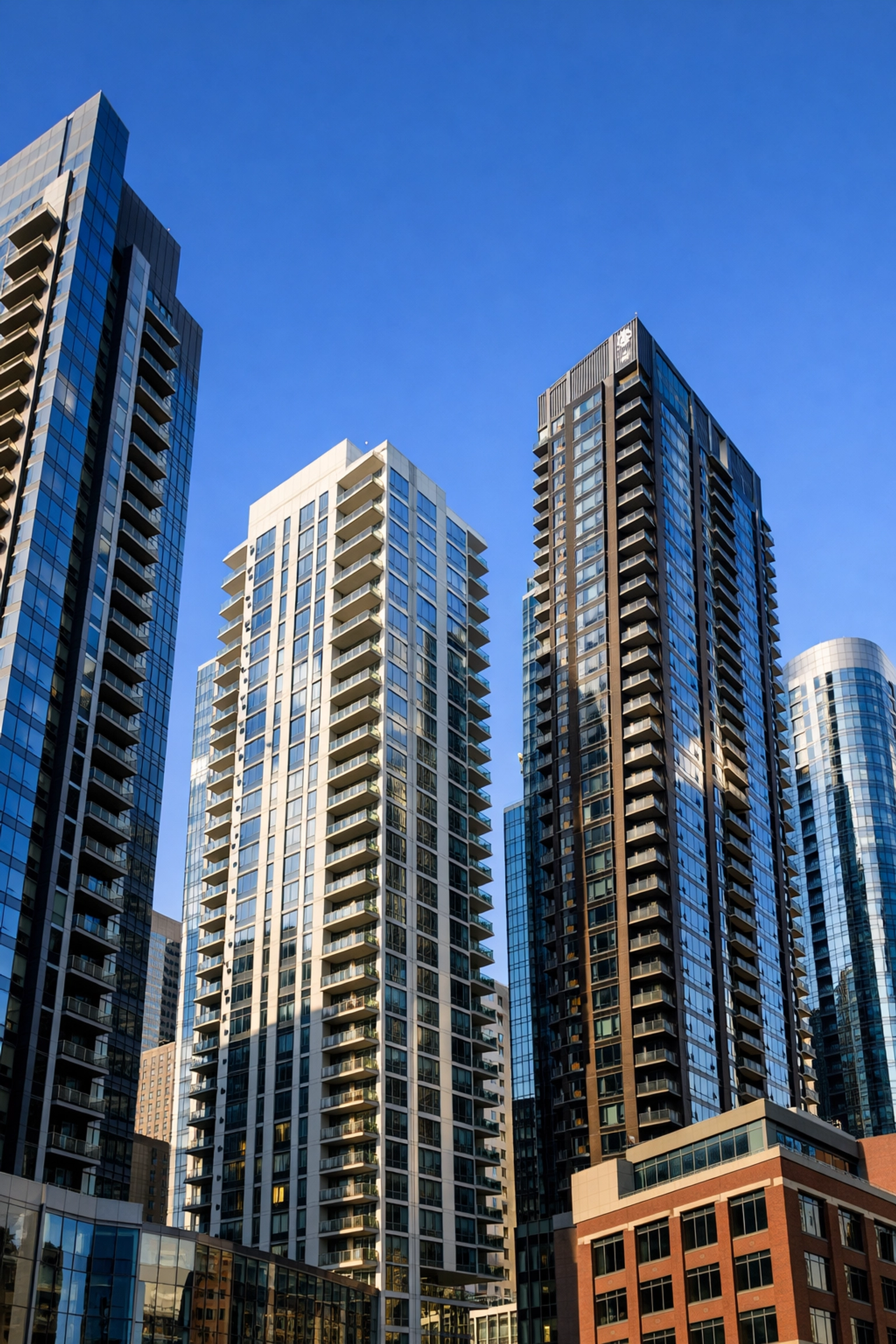 Modern high-rise apartment buildings in downtown Indianapolis, highlighting high-volume property management.