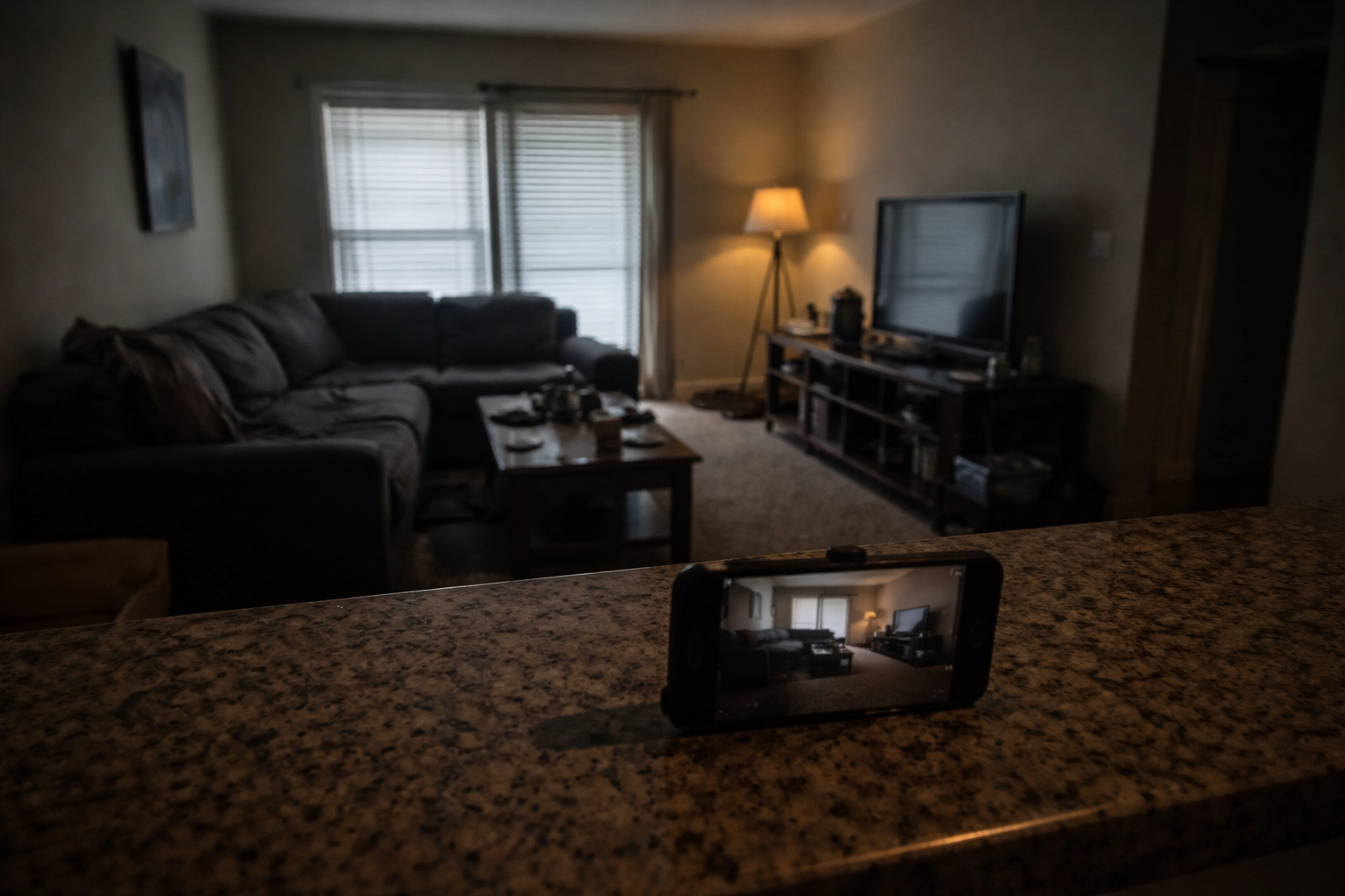 Amateur real estate photo of a dimly lit living room, showing poor marketing quality and clutter.