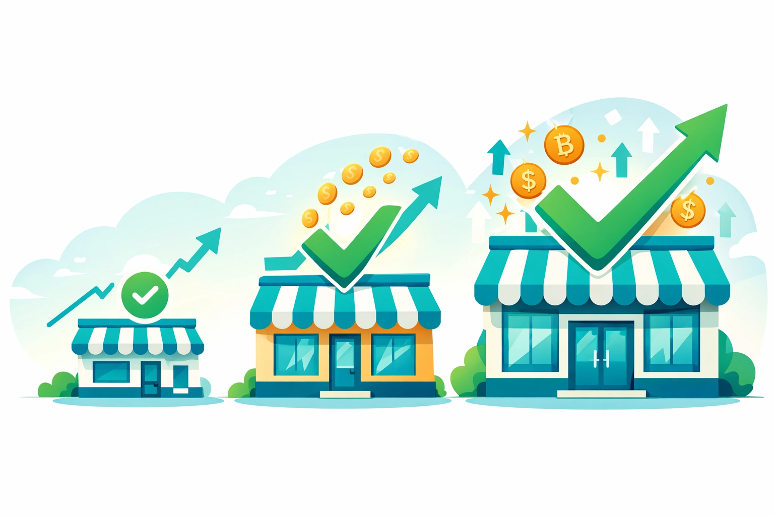 Business growth stages with crypto payment solutions scaling from small to large merchants