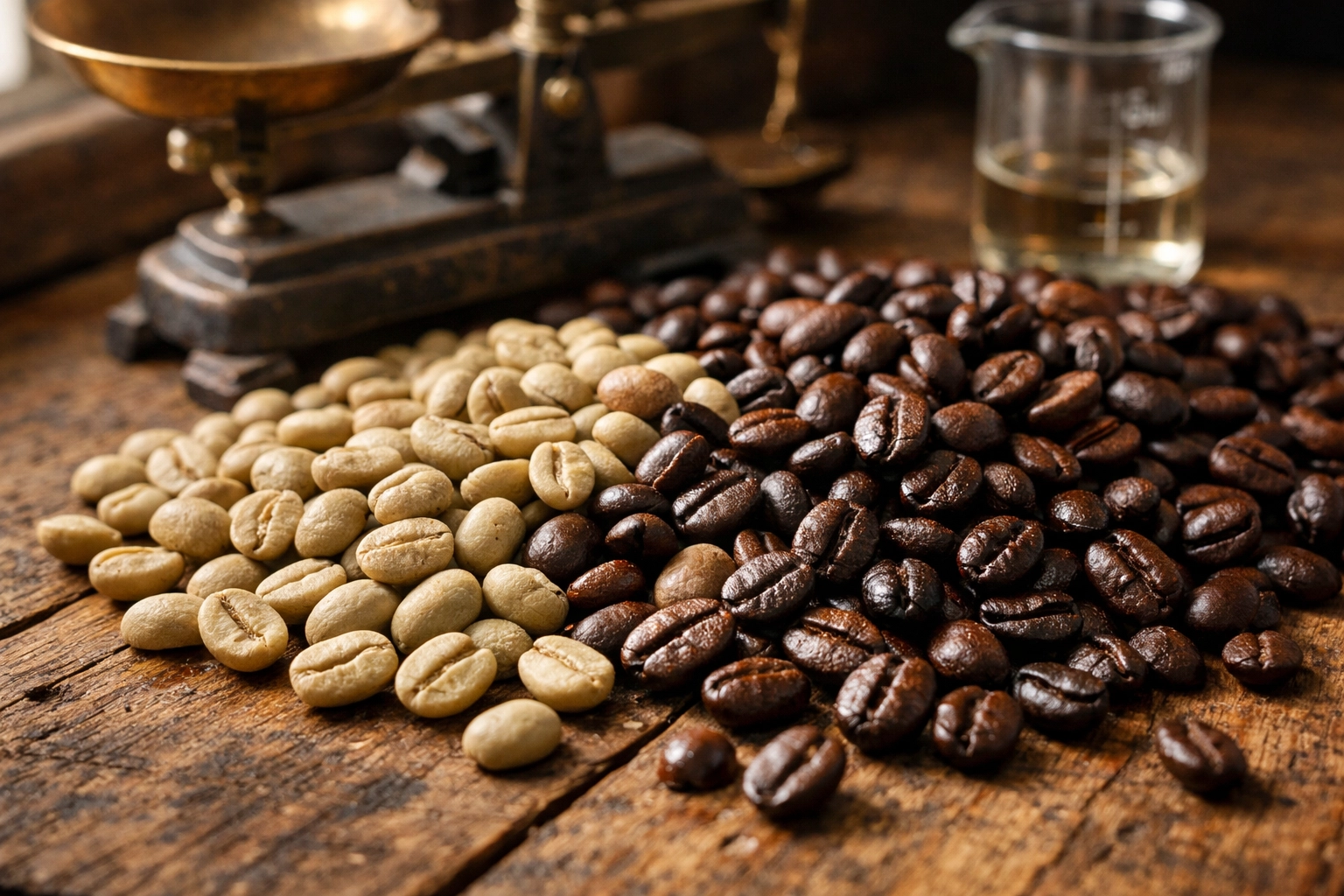 Comparison of green and specialty grade roasted coffee beans on a rustic wooden surface.