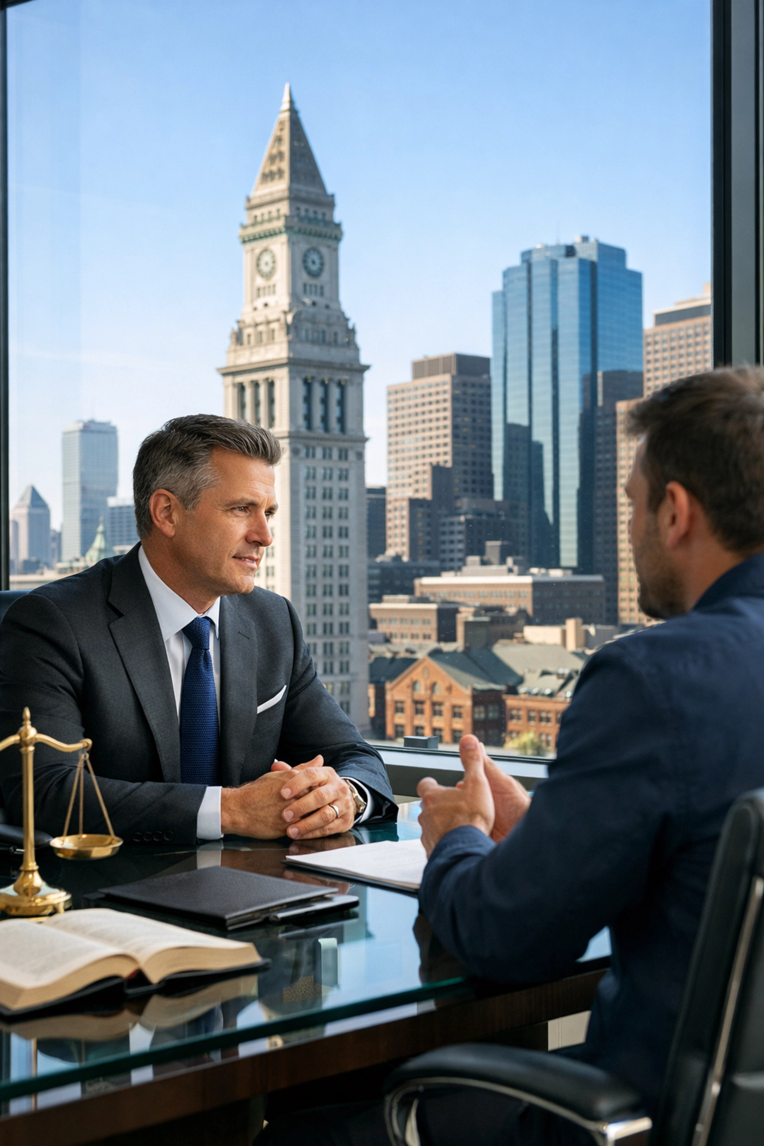 Boston car accident lawyer offering legal advice to a client in a professional city office.