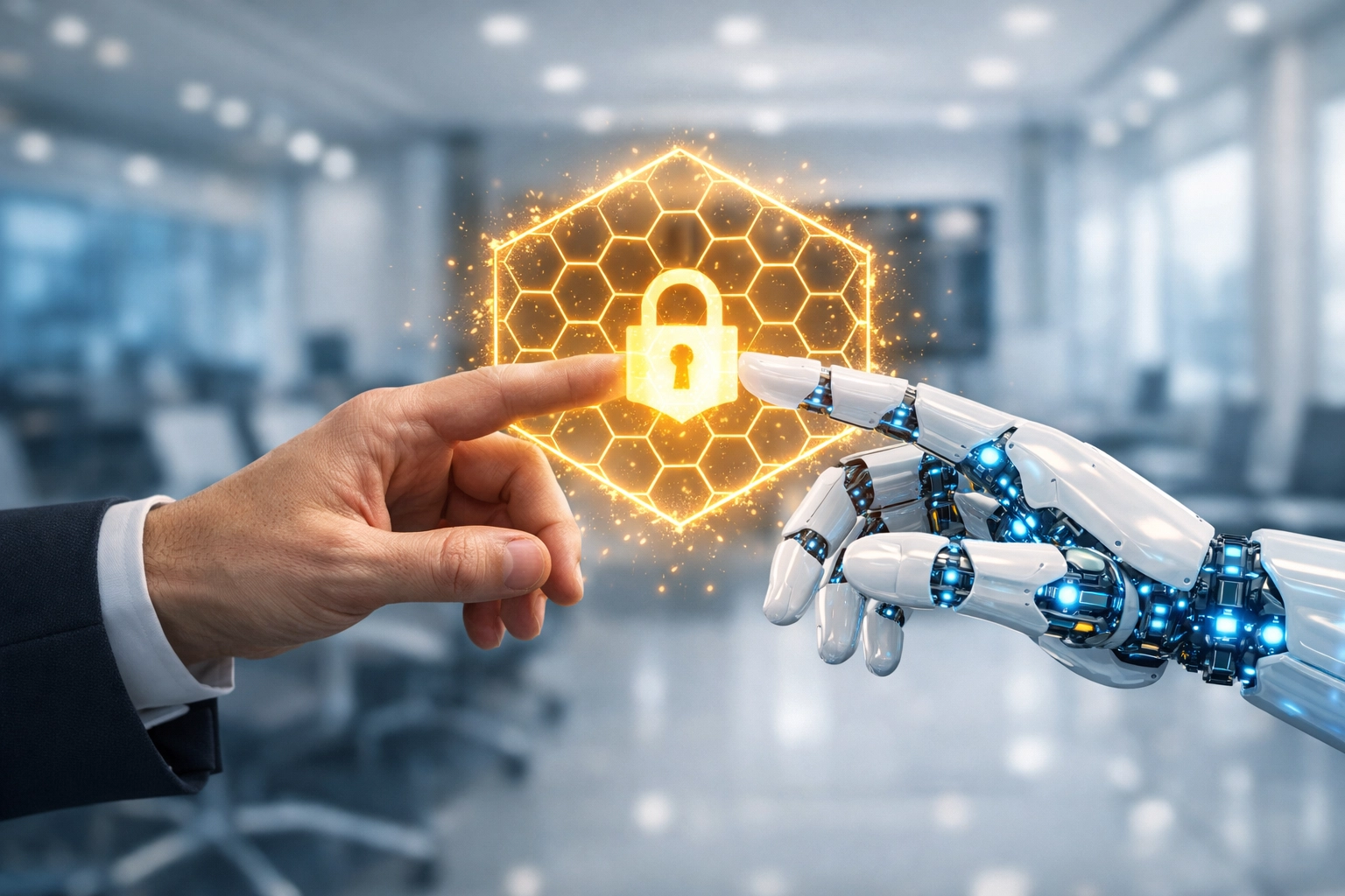 Handschlag zwischen Mensch und KI unter einem Schutzschild für rechtliche Sicherheit und Compliance.