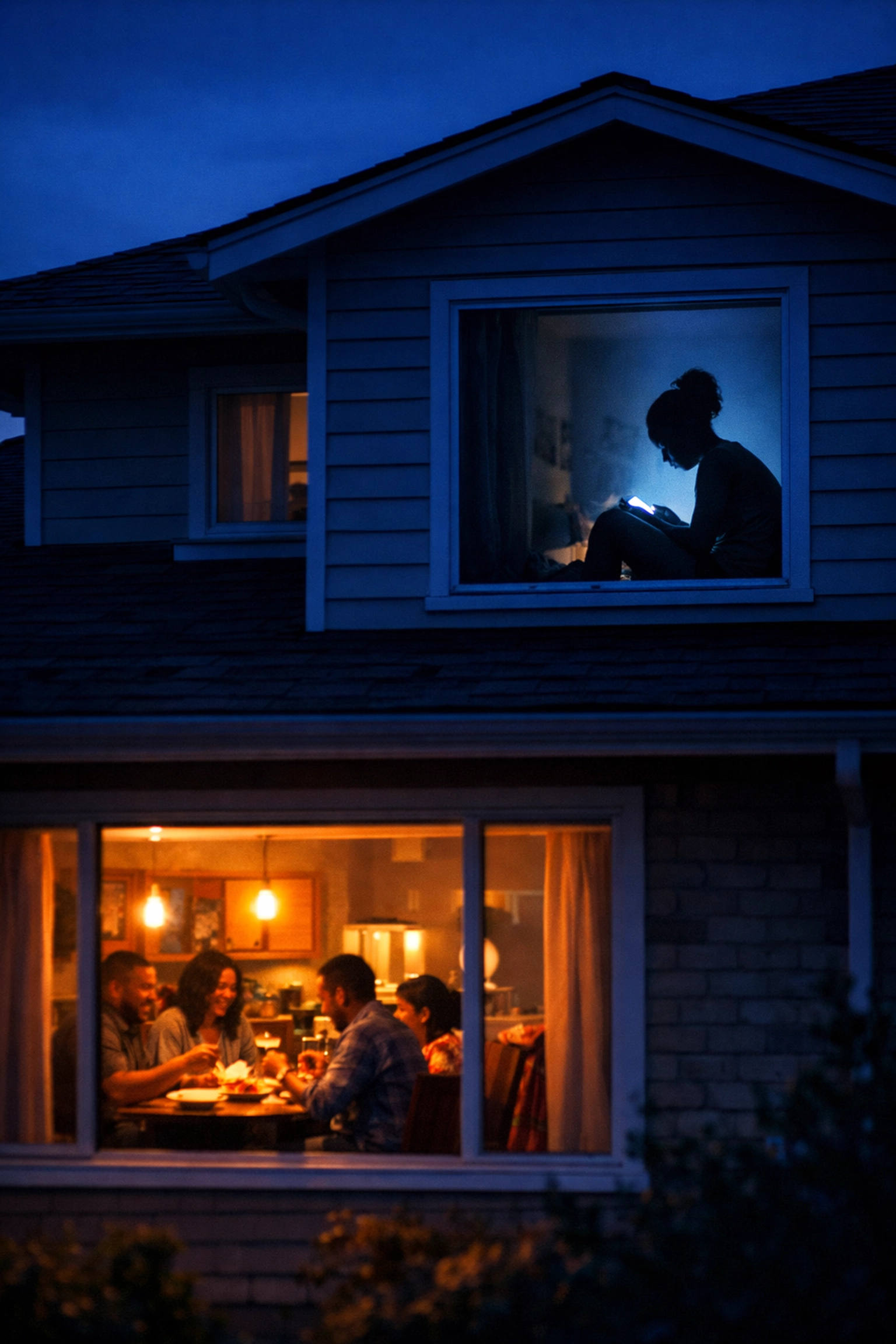 Teen daughter isolated with a device while family gathers, showing social media's impact on family connection.