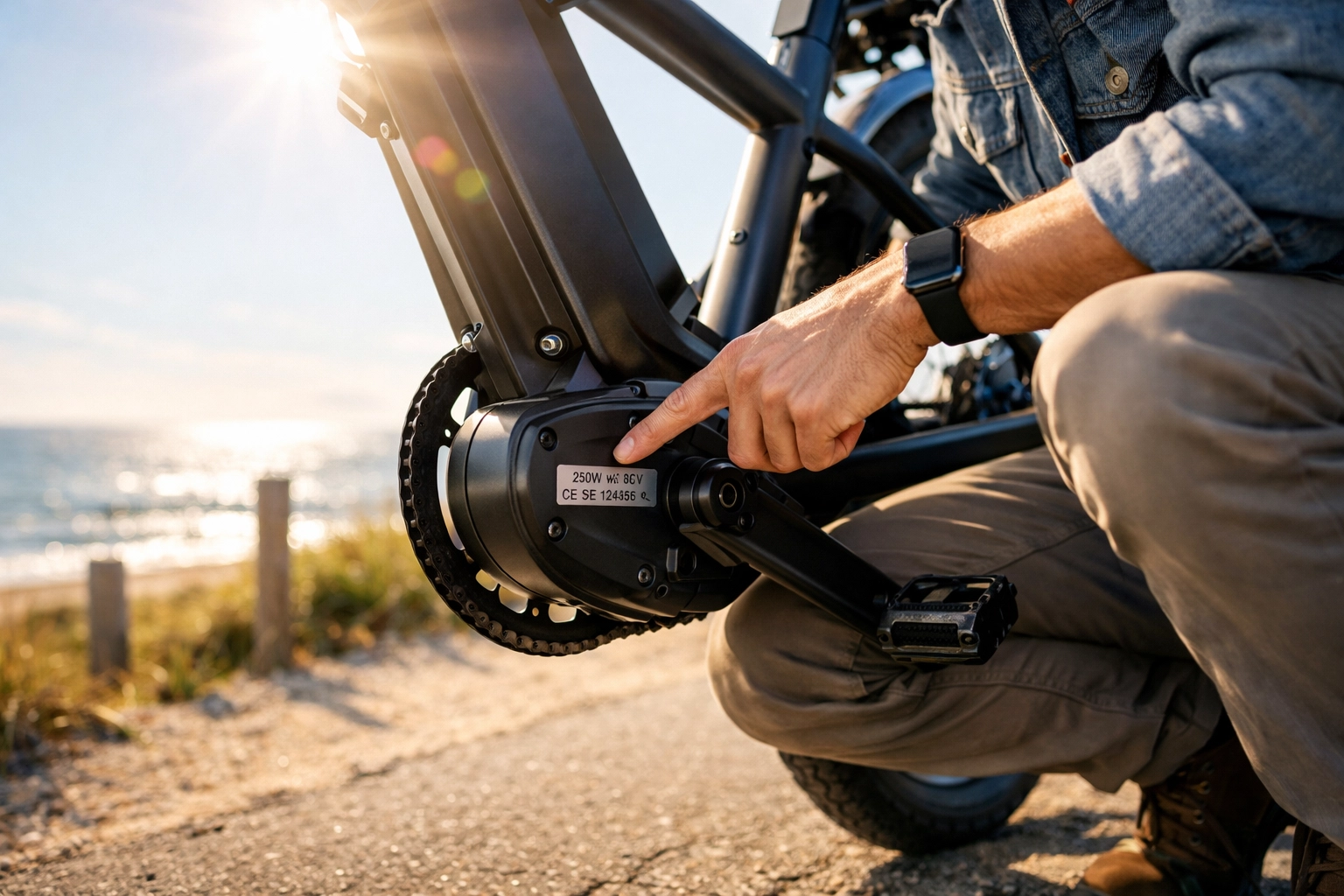 A person inspecting the 250W motor label on their e-bike to ensure it meets UK legal standards.